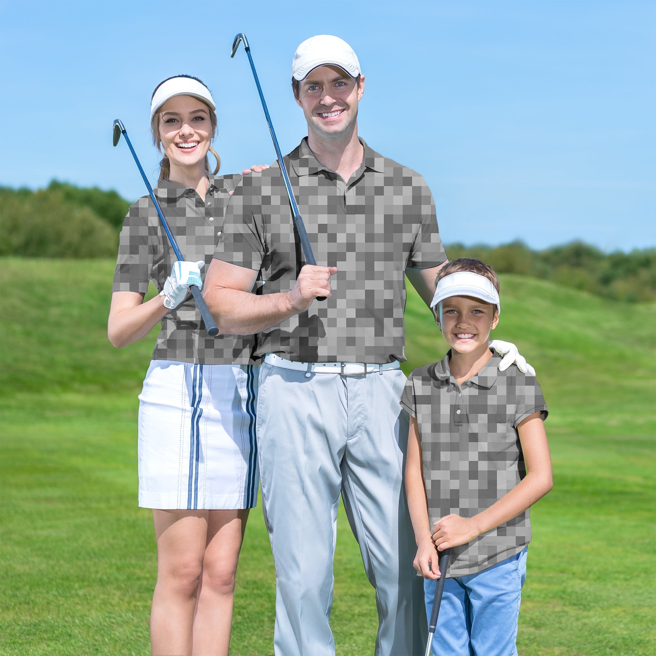Family wearing Family Grey Pixel Big set golf shirts on golf course with clubs