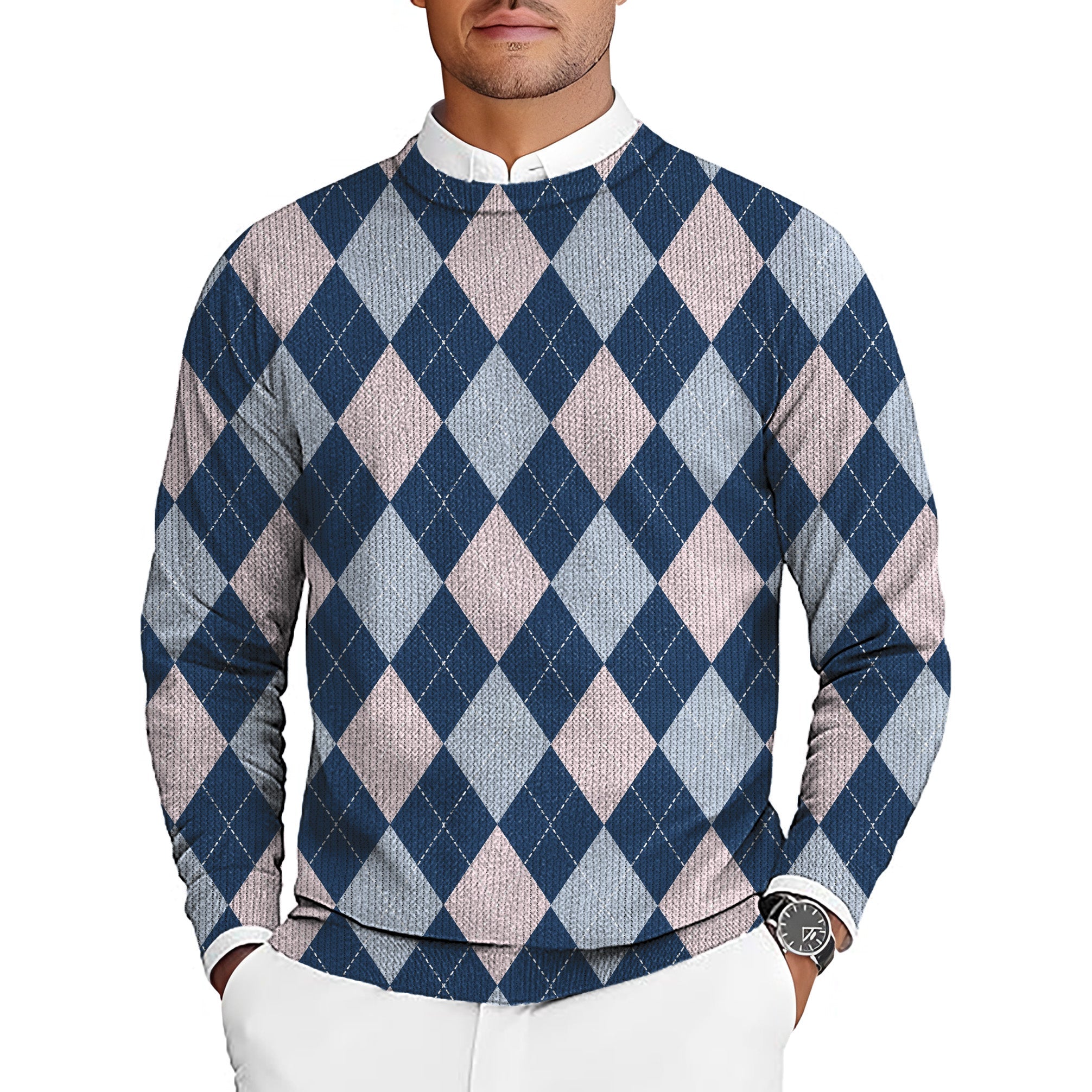 Men's blue Argyle golf crewneck pullover sweater with diamond pattern