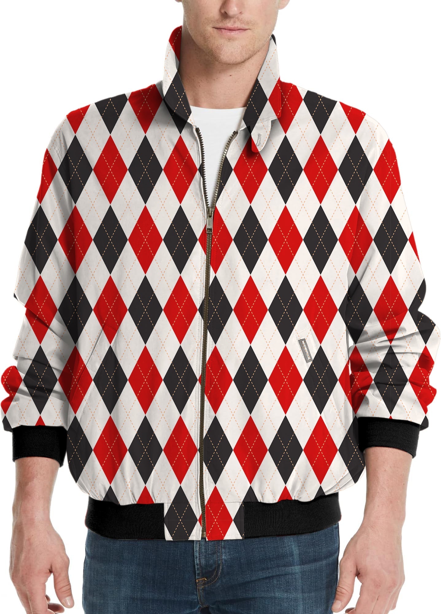 Men's golf windbreaker with argyle red black grid pattern and zipper front