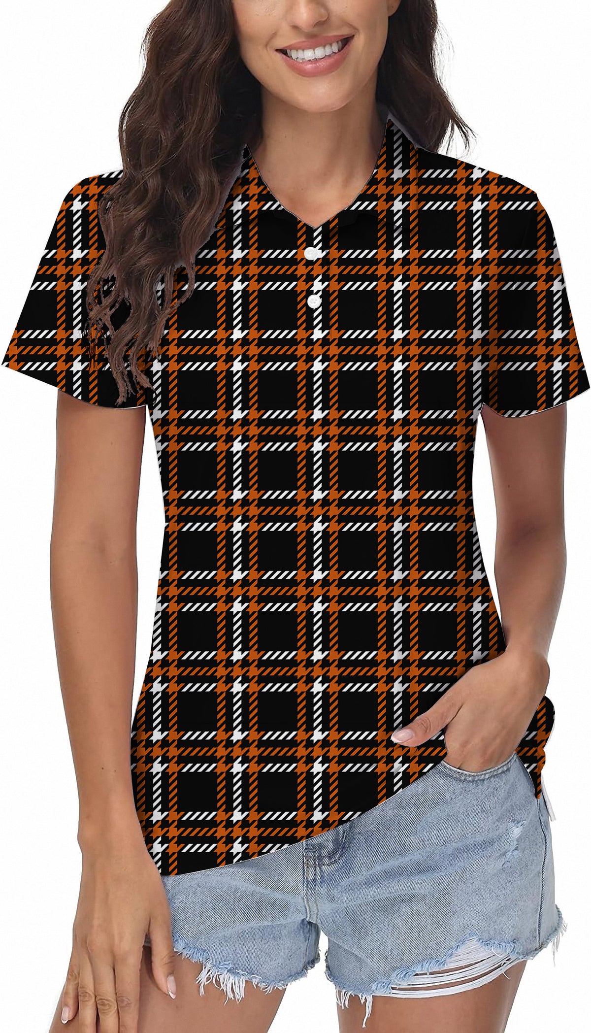 Halloween black yellow white grid Women's Golf Polo