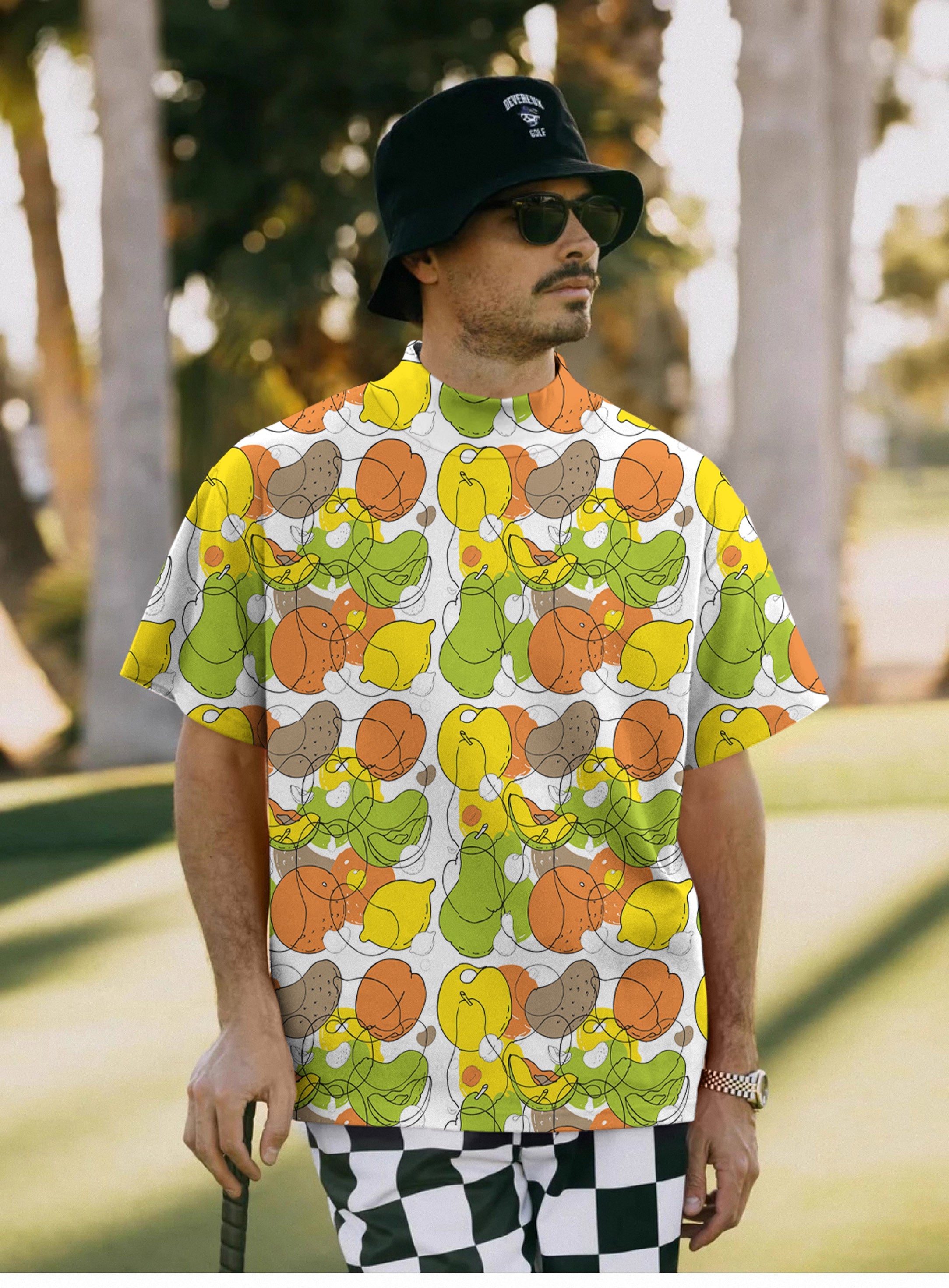 Men's colorful fruit pullover high neck short sleeve T-shirt with vibrant fruit pattern