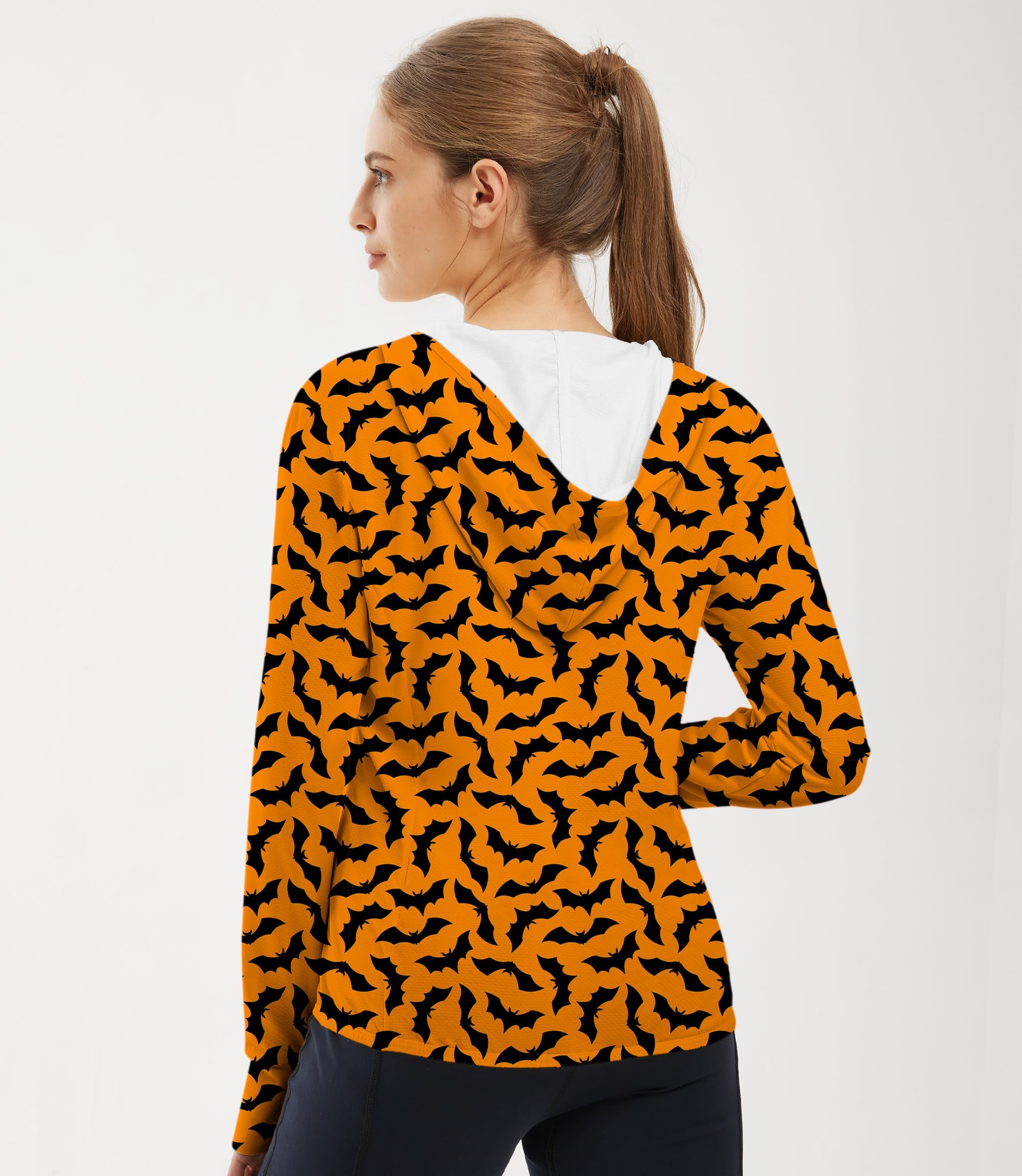 Women's outdoor Halloween bat print slim fit zip hoodie with sun protection and breathable fabric