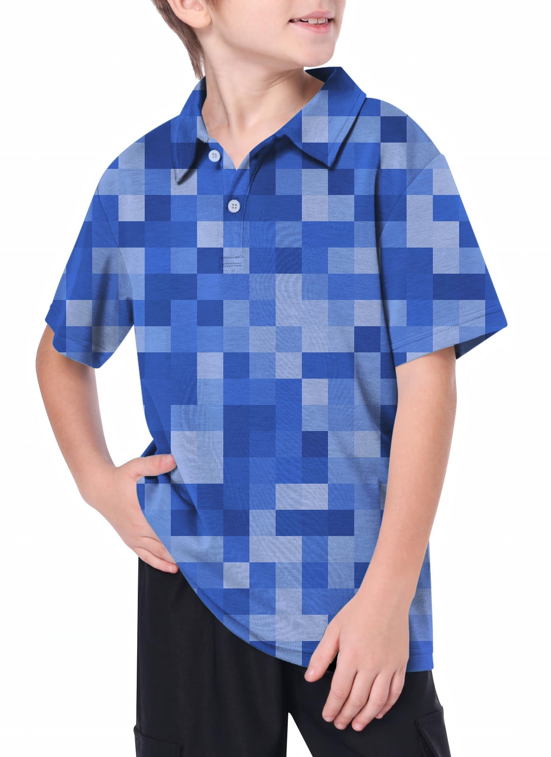 Youth navy blue pixel big golf polo shirt for kids with 4-way stretch and moisture-wicking fabric