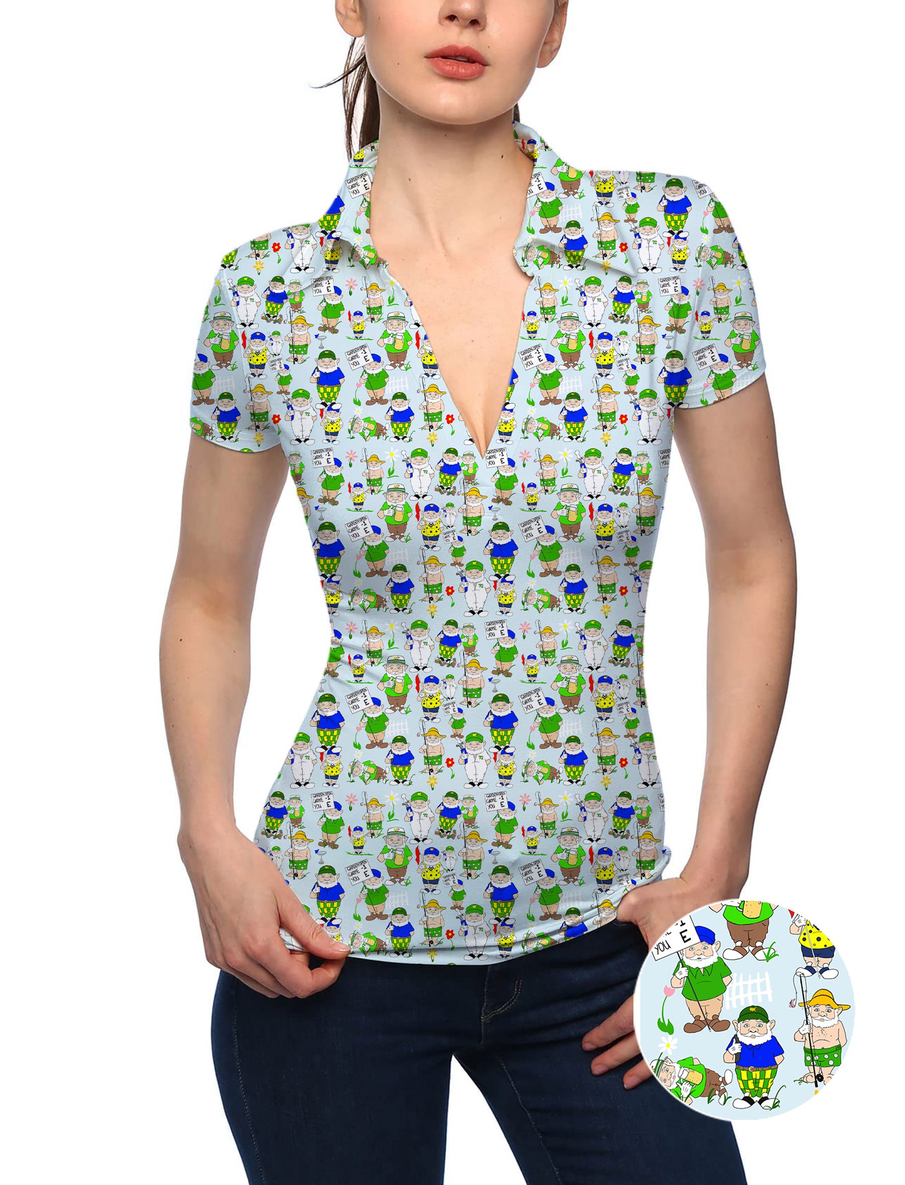 Women's Gnome Garden Open Designer style V Neck Golf Polo