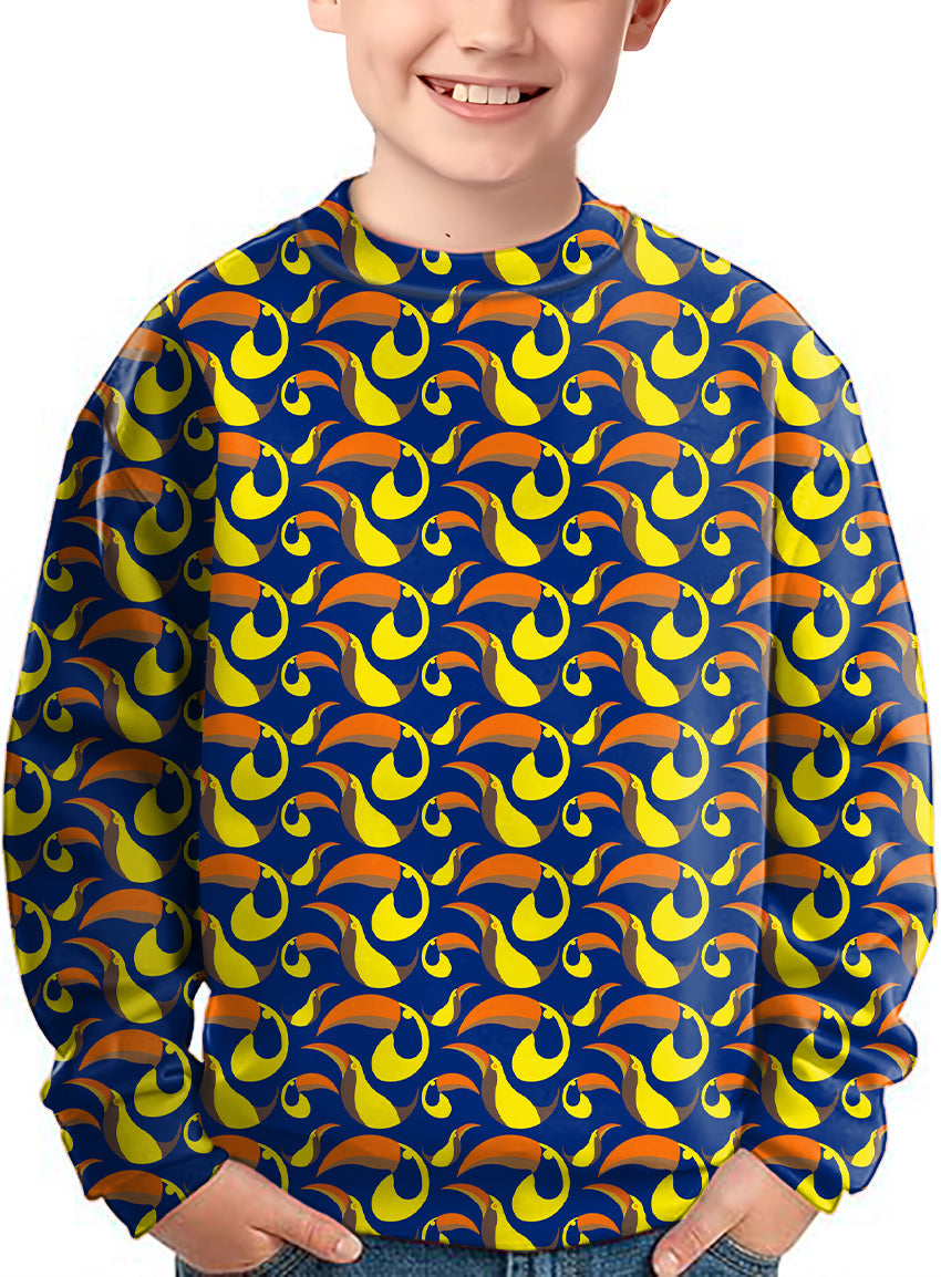 Colorful toucan pattern kids crewneck pullover sweater with blue, yellow, and orange design