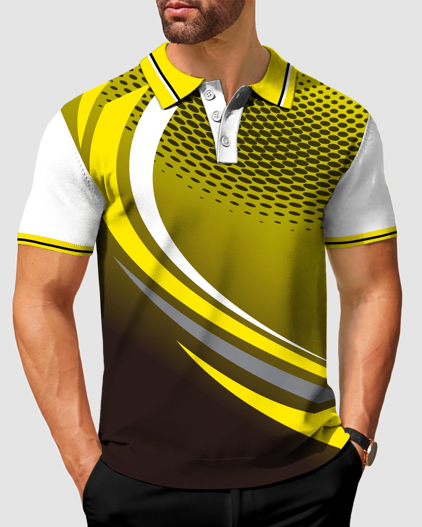 Men's yellow and black custom sport team polo with dynamic graphic design and tailored fit