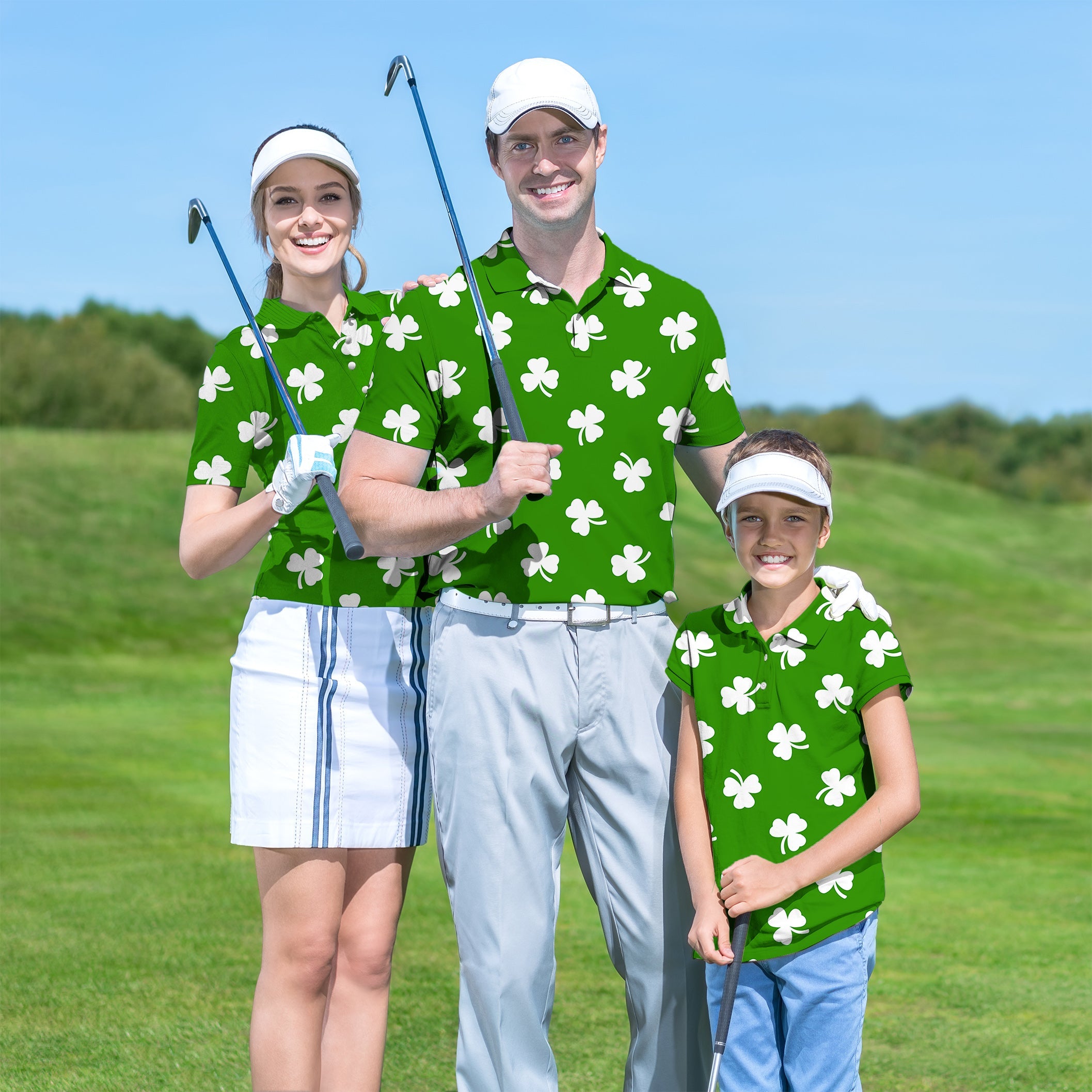 Family wearing green leaf clover St. Patrick's Day golf shirts on course