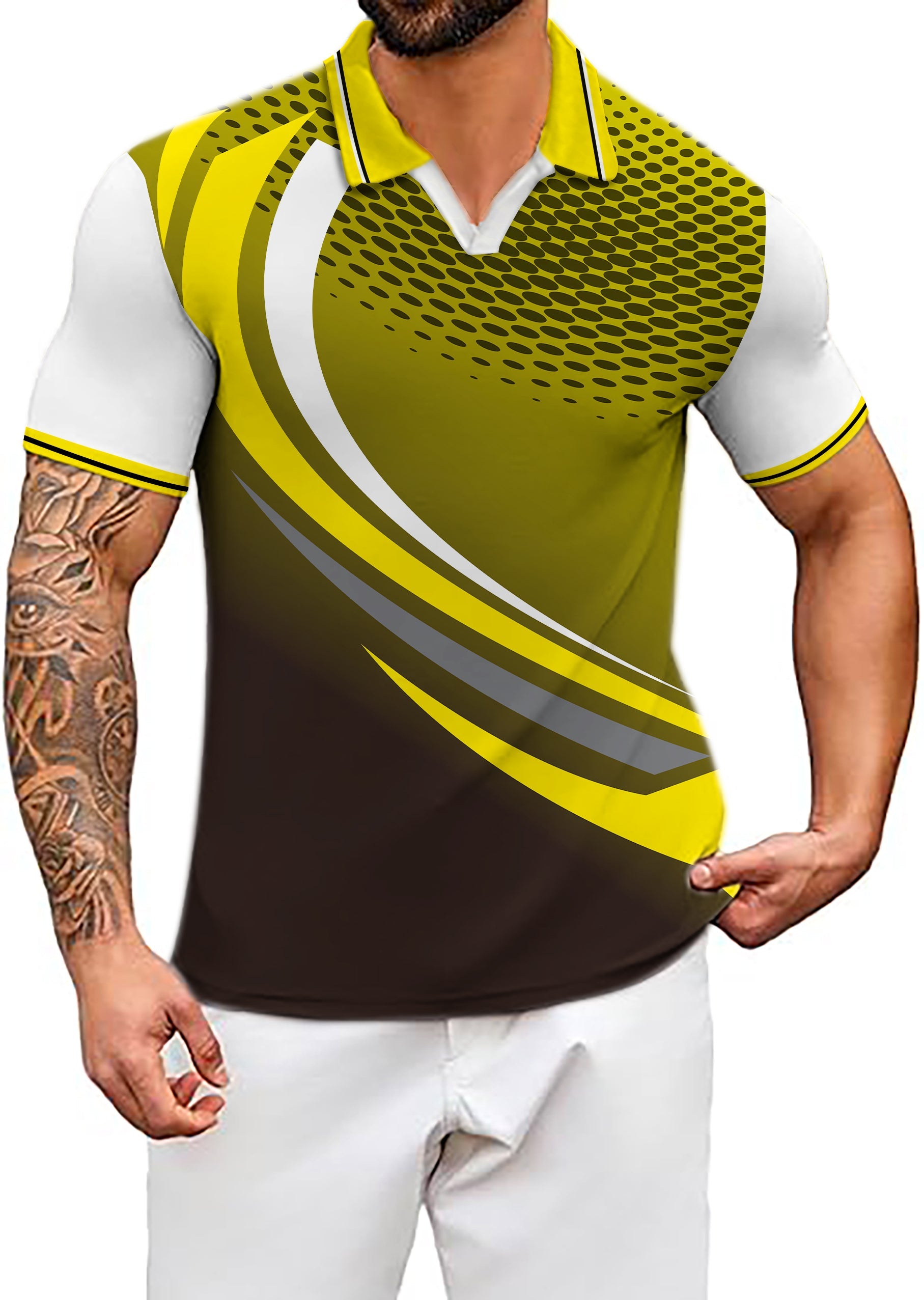Men's Coconut Palm yellow black V-neck golf polo shirt with custom sport team design and four-way stretch fabric