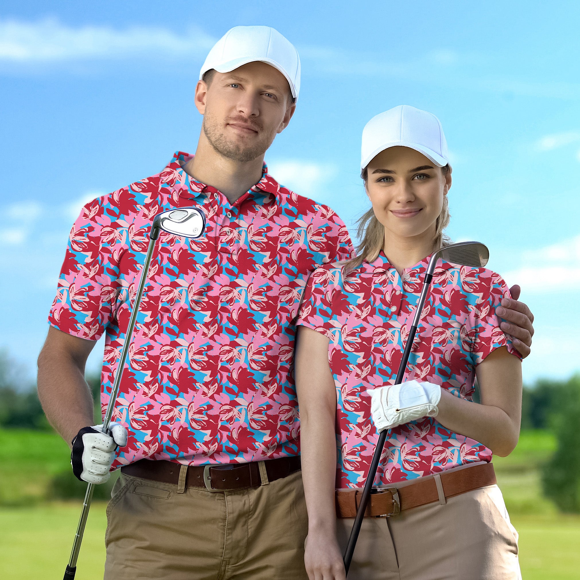 Golf Polo Couple Family set Oil painting of flowers tournament