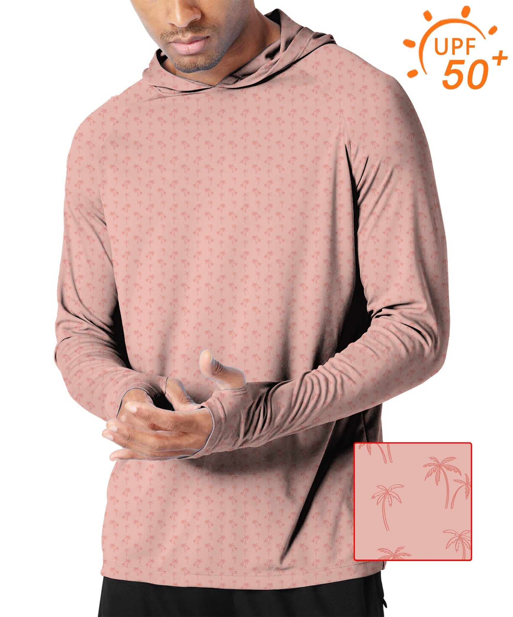 Men's outdoor slim fit pink hoodie with coconut tree print, UPF 50+ sun protection, breathable and moisture-wicking fabric for golf and outdoor activities