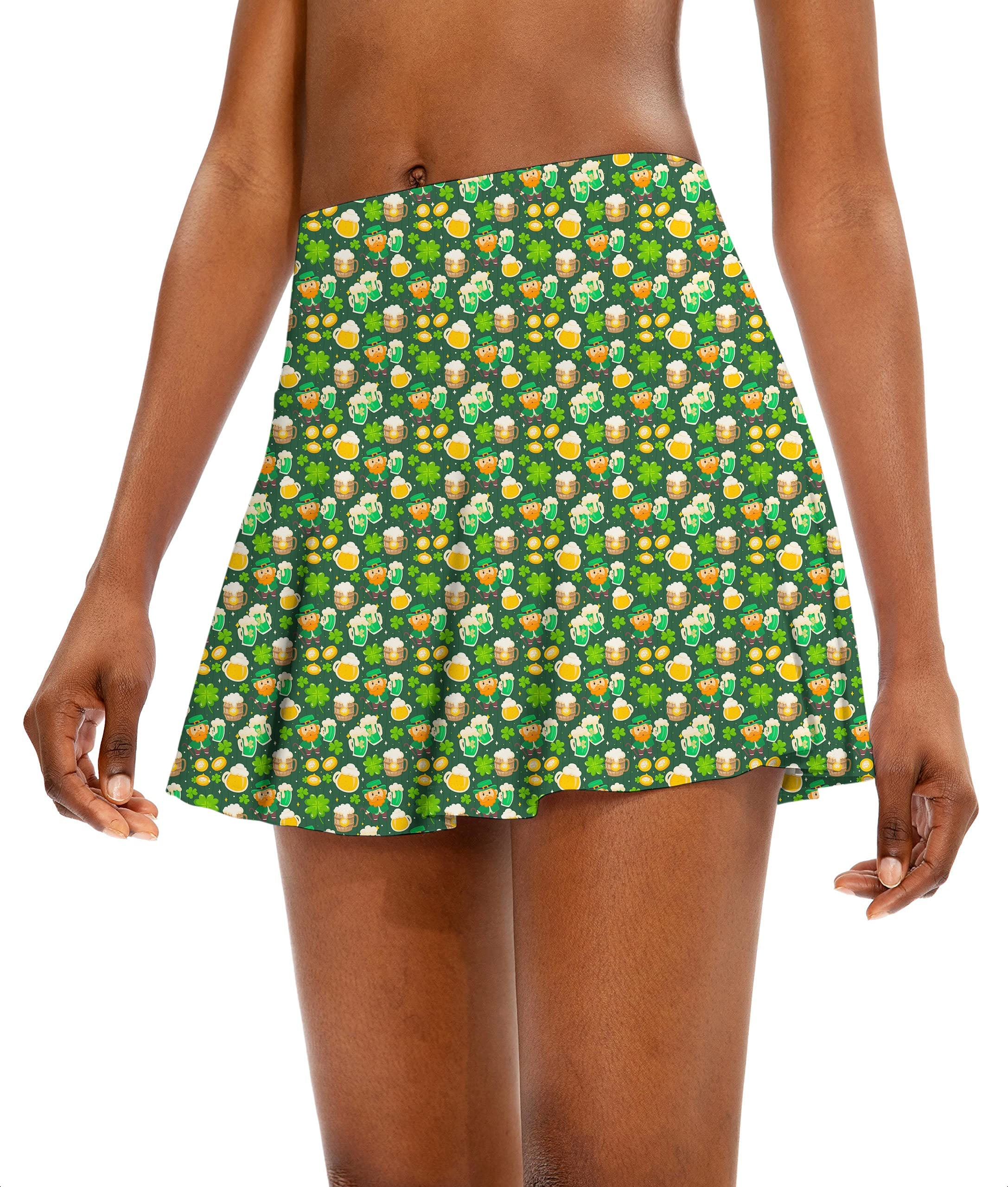 Women's athletic golf skort with green beer clover pattern for St. Patrick's Day