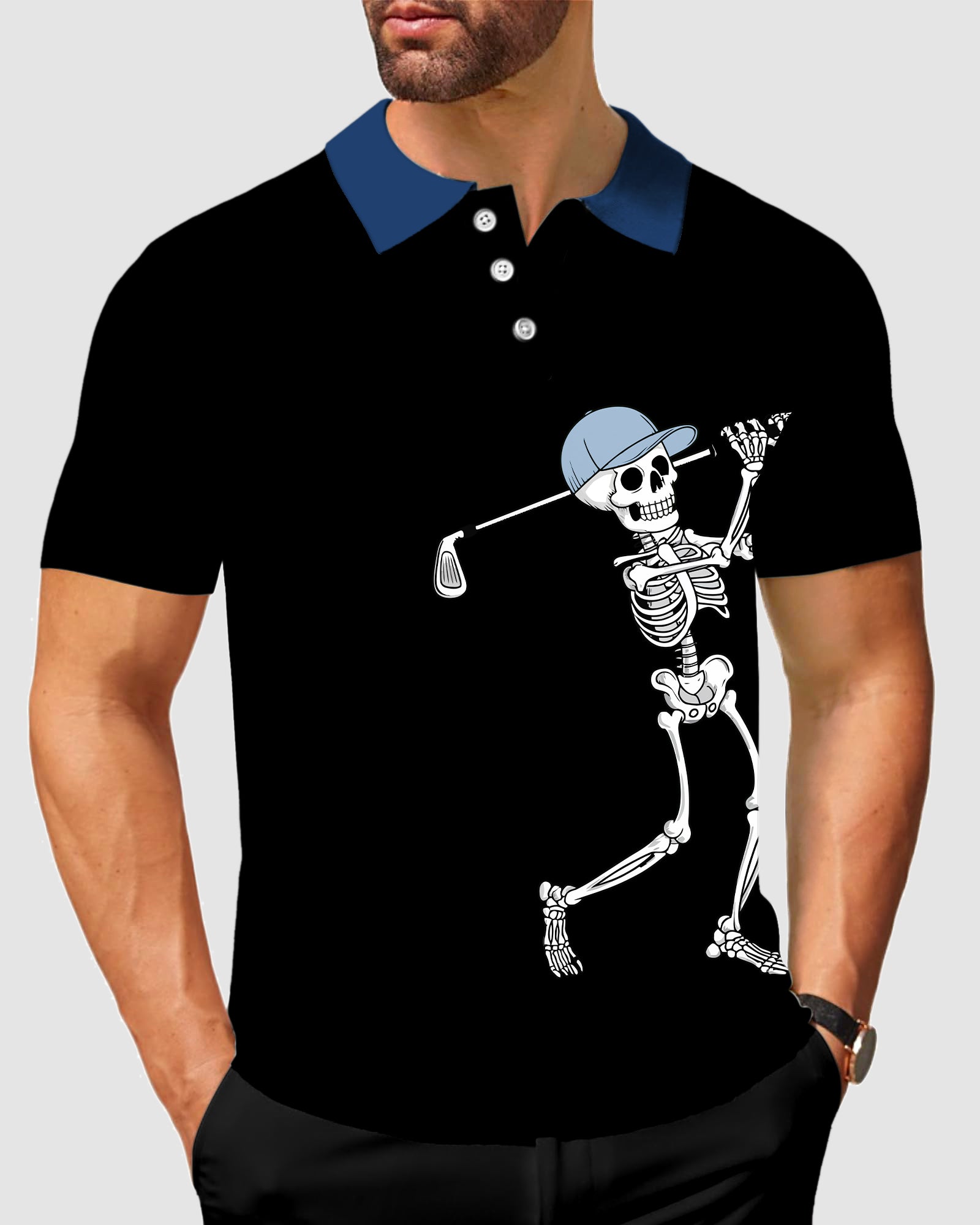 Men's black golf polo with blue royal collar and Halloween skeleton golf graphic, moisture-wicking fabric