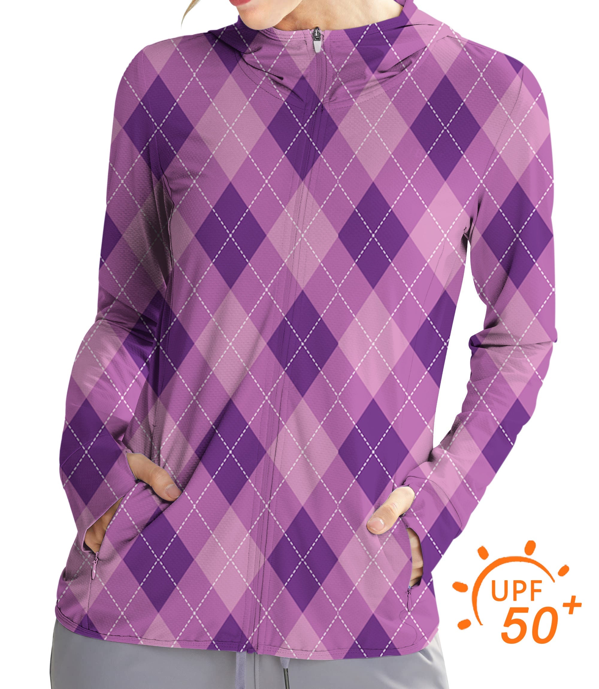 Women's outdoor purple argyle zip hoodie with UPF 50+ sun protection, slim fit, thumb holes, lightweight and quick-dry fabric for golf and outdoor activities