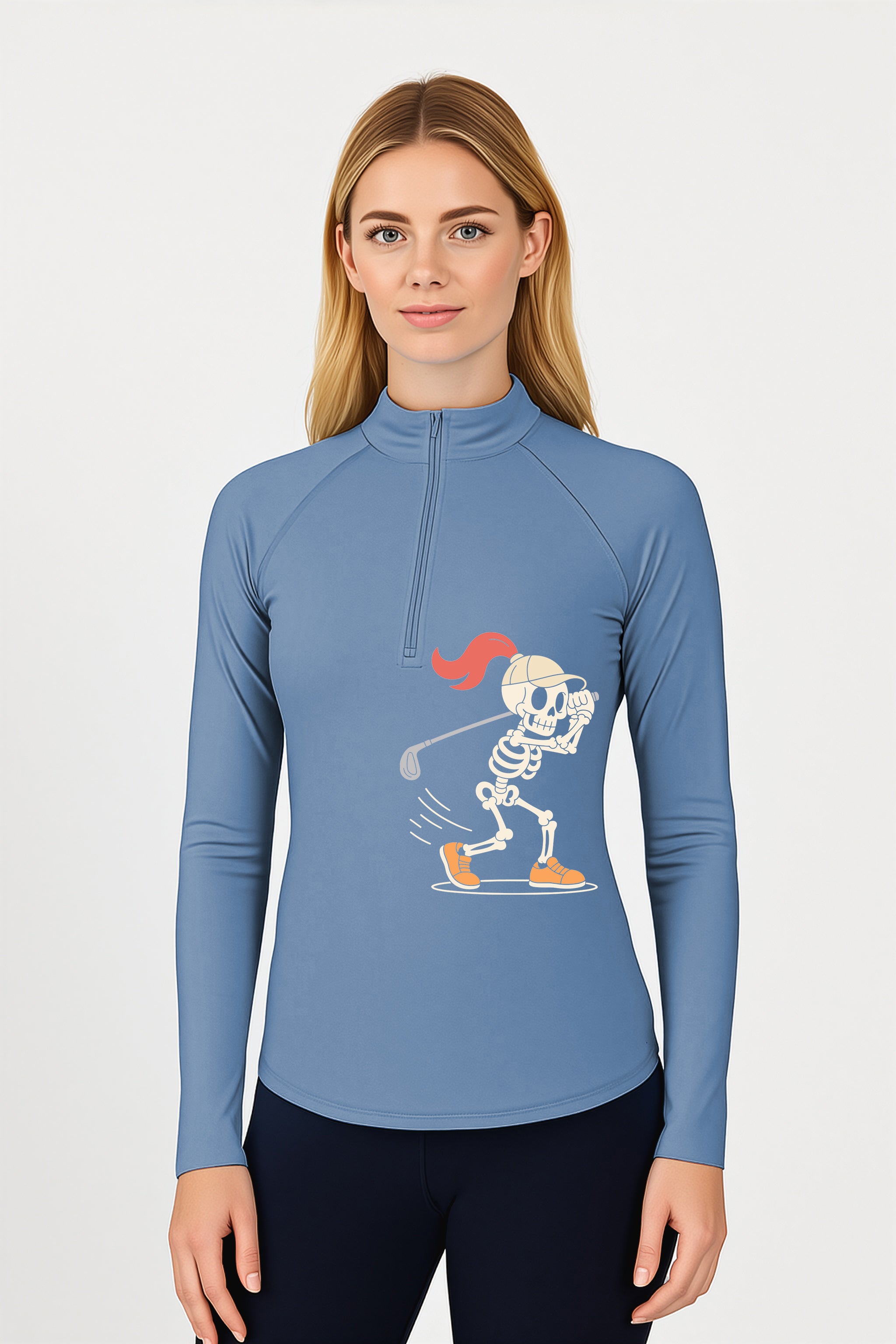 Women's blue 3/4 zip golf top with pumpkin and skeleton Halloween design, lightweight and sun-protective