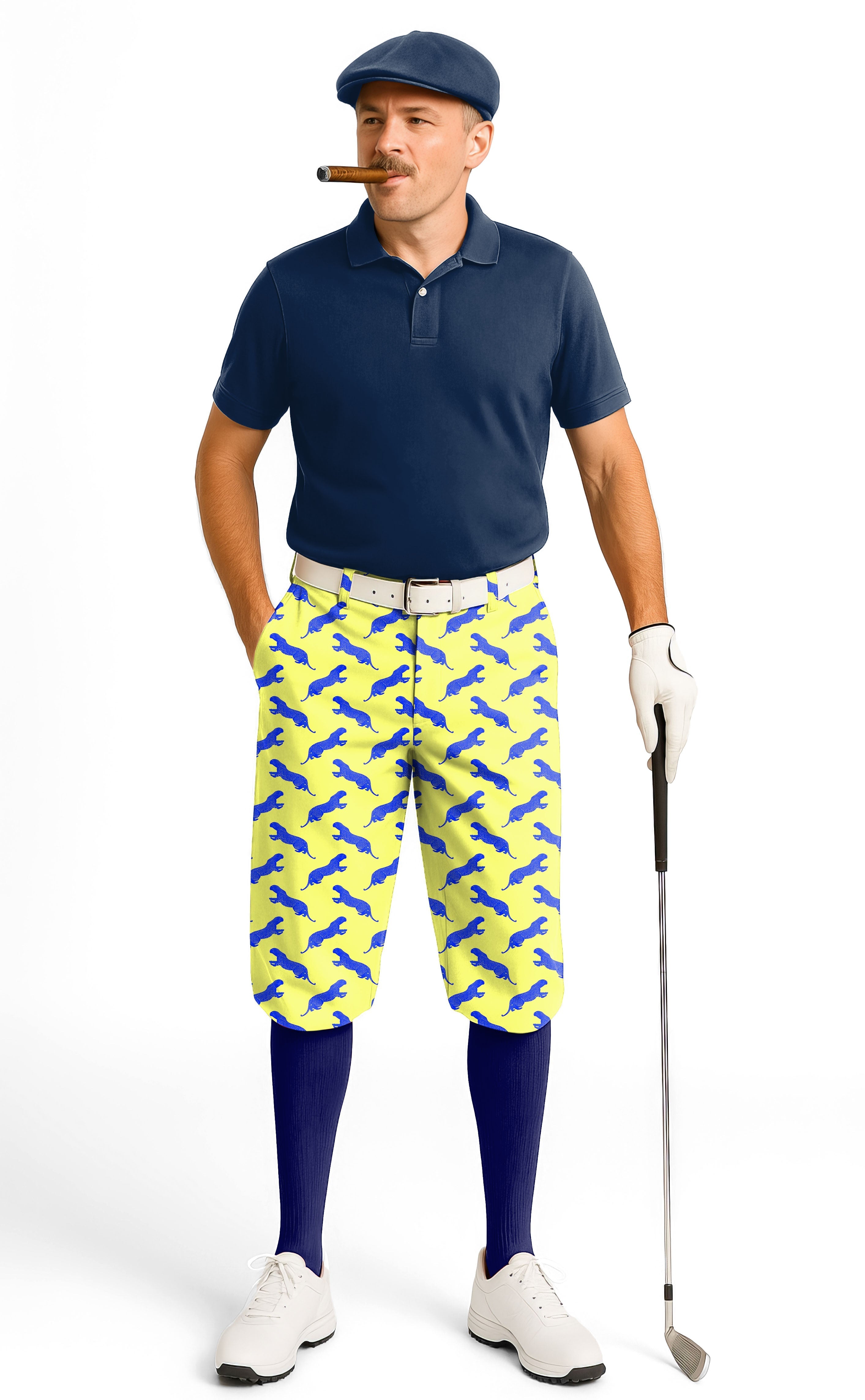 Men's blue leopard golf knickers with snug ankle cuffs and breathable fabric