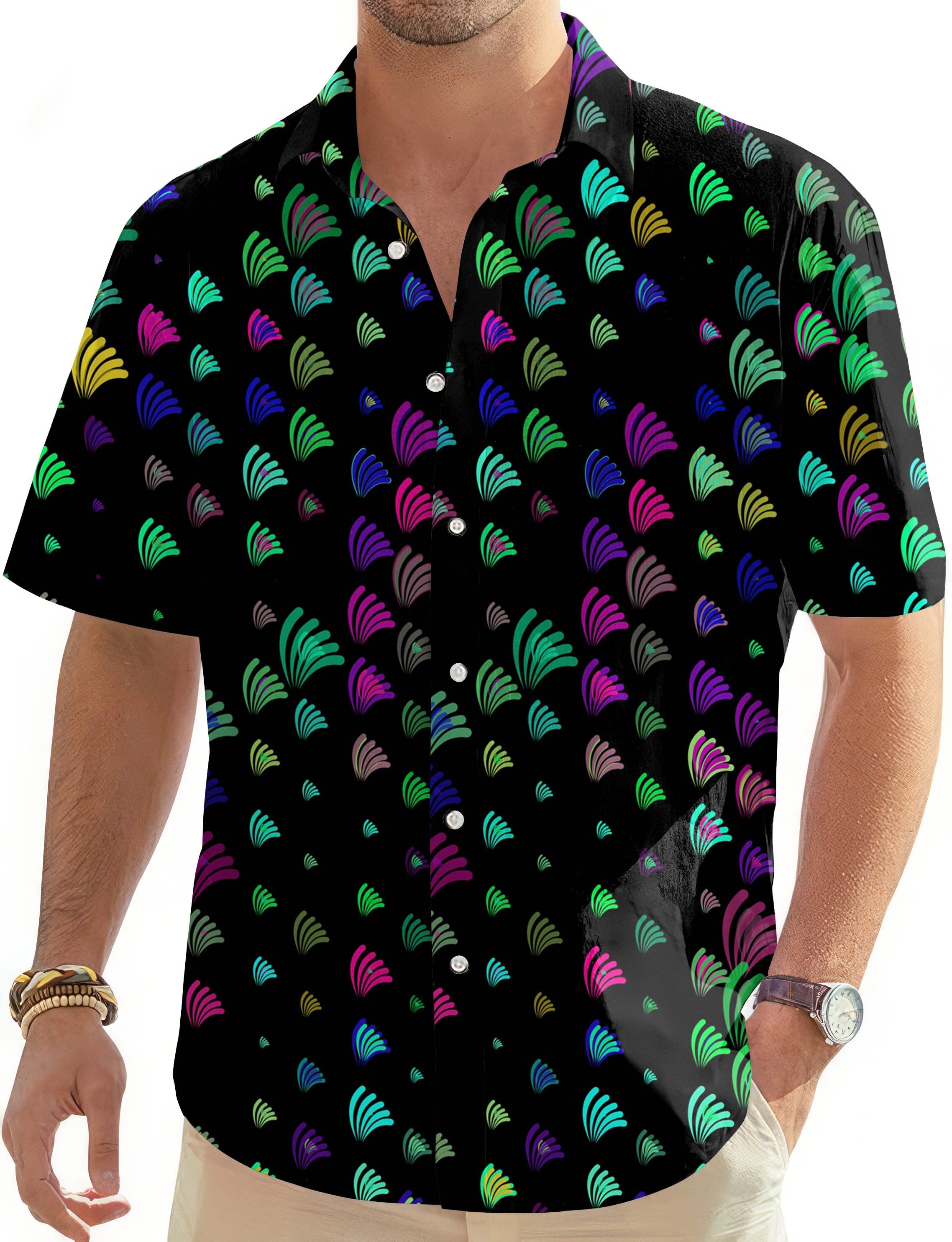 Men's golf Hawaiian shirt with radiant colorful pattern and button-down design