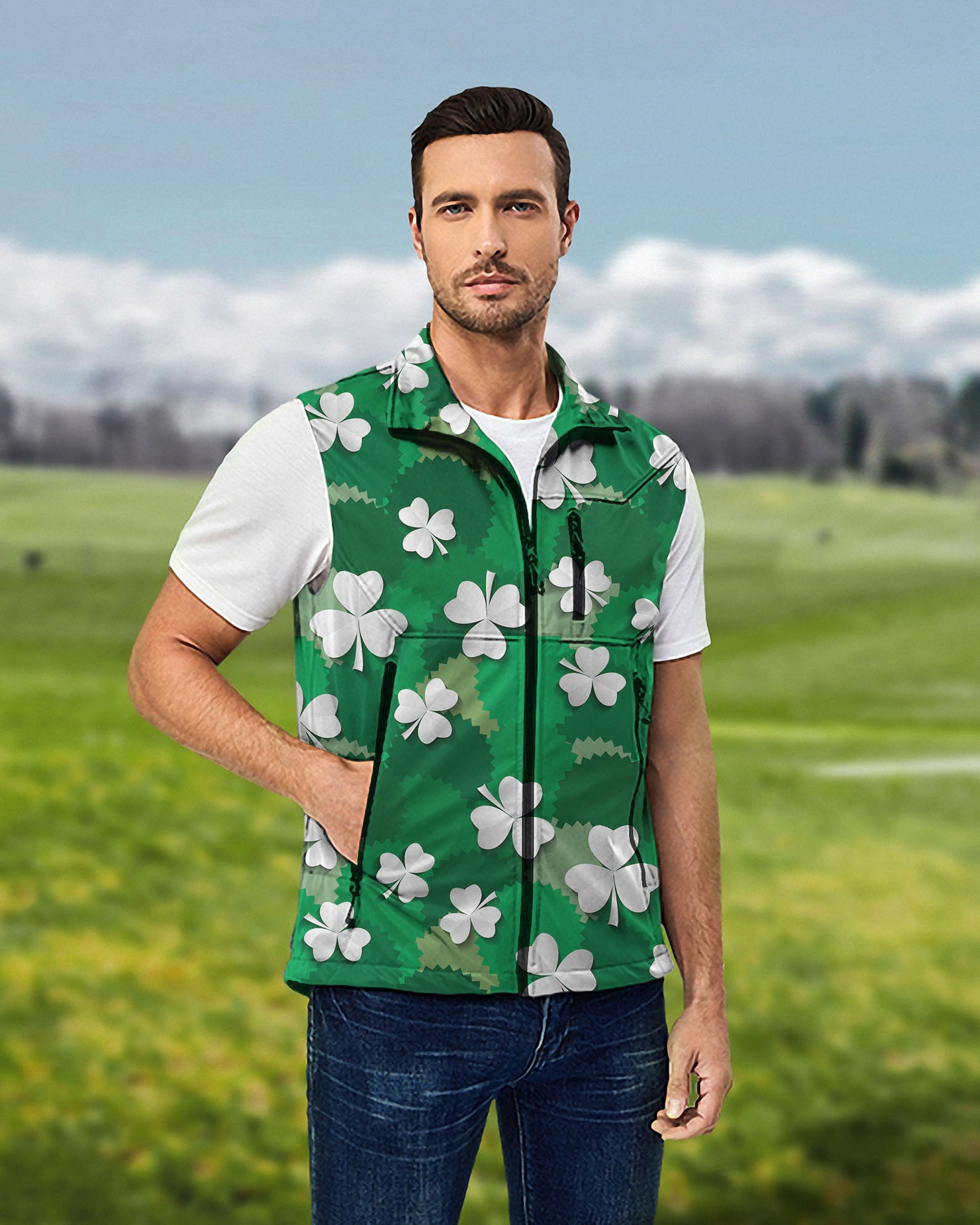 Men's Leaf clover St. Patrick's Day Lightweight Softshell Vest Sleeveless Jacket for Golf Windproof Waterproof