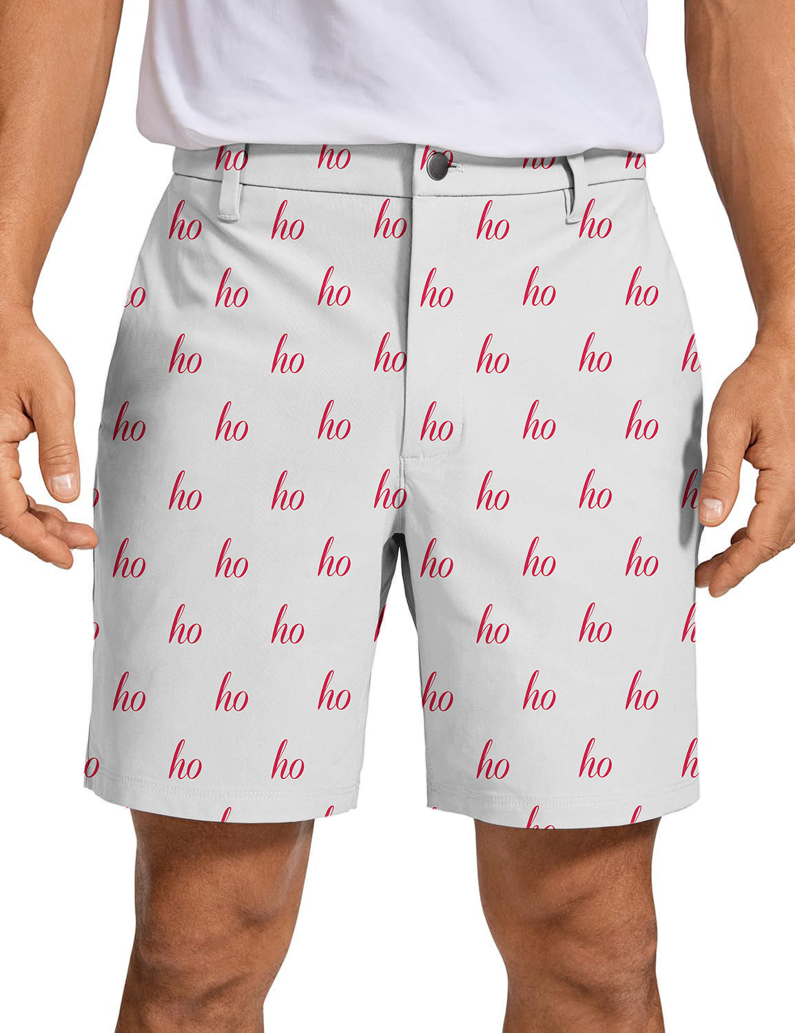 Men's grey custom name Christmas golf shorts with red "ho" pattern, quick dry and lightweight fabric