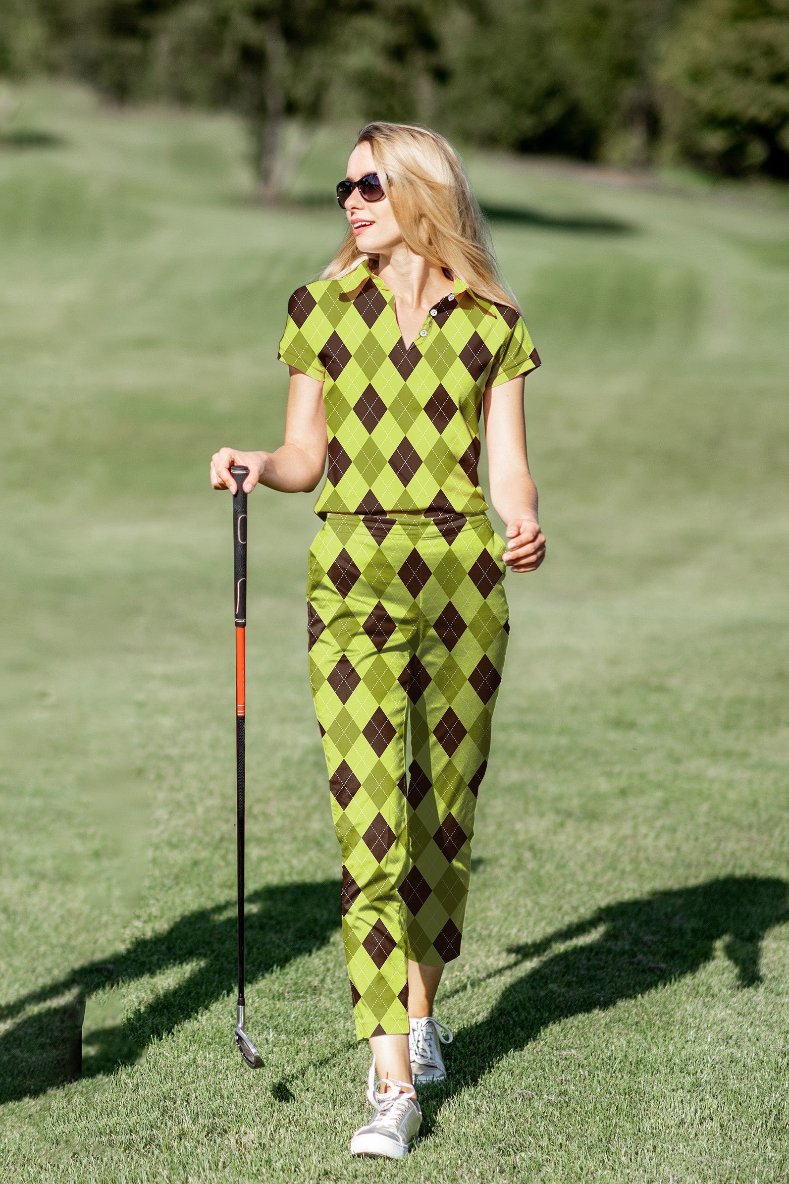 Women's golf polo and pants set in yellow argyle pattern with four-way stretch and UPF 40+ protection