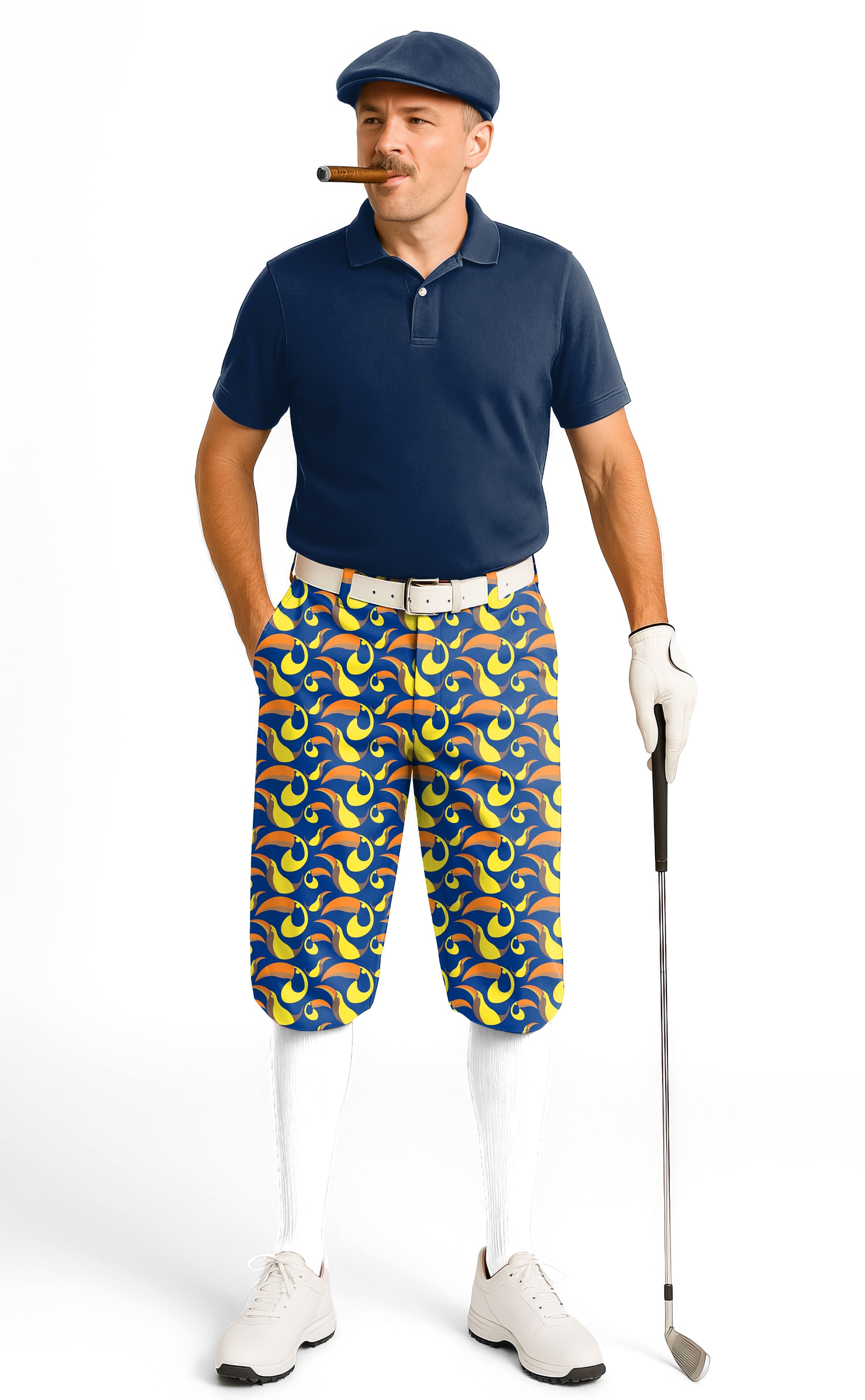 Men's Golf Knickers with vibrant blue and yellow pattern, soft performance fabric, ankle cuffs, and adjustable Velcro waist.