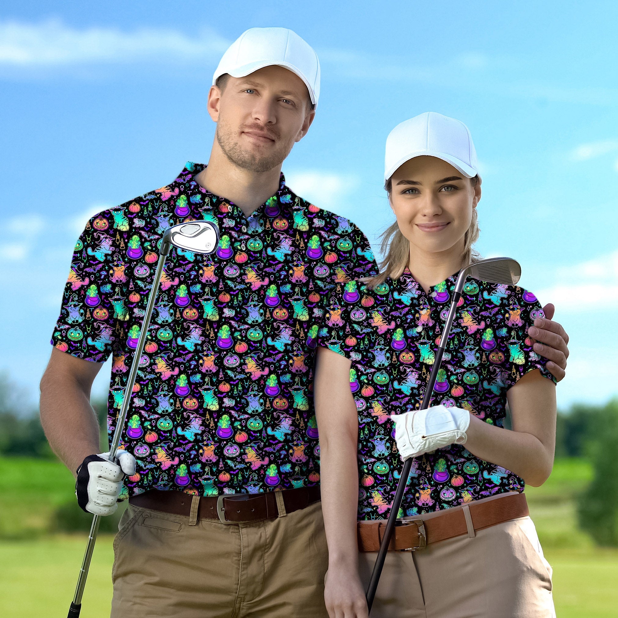 Couple Halloween constellation themed matching golf shirts with spooky colorful patterns and white caps on golf course