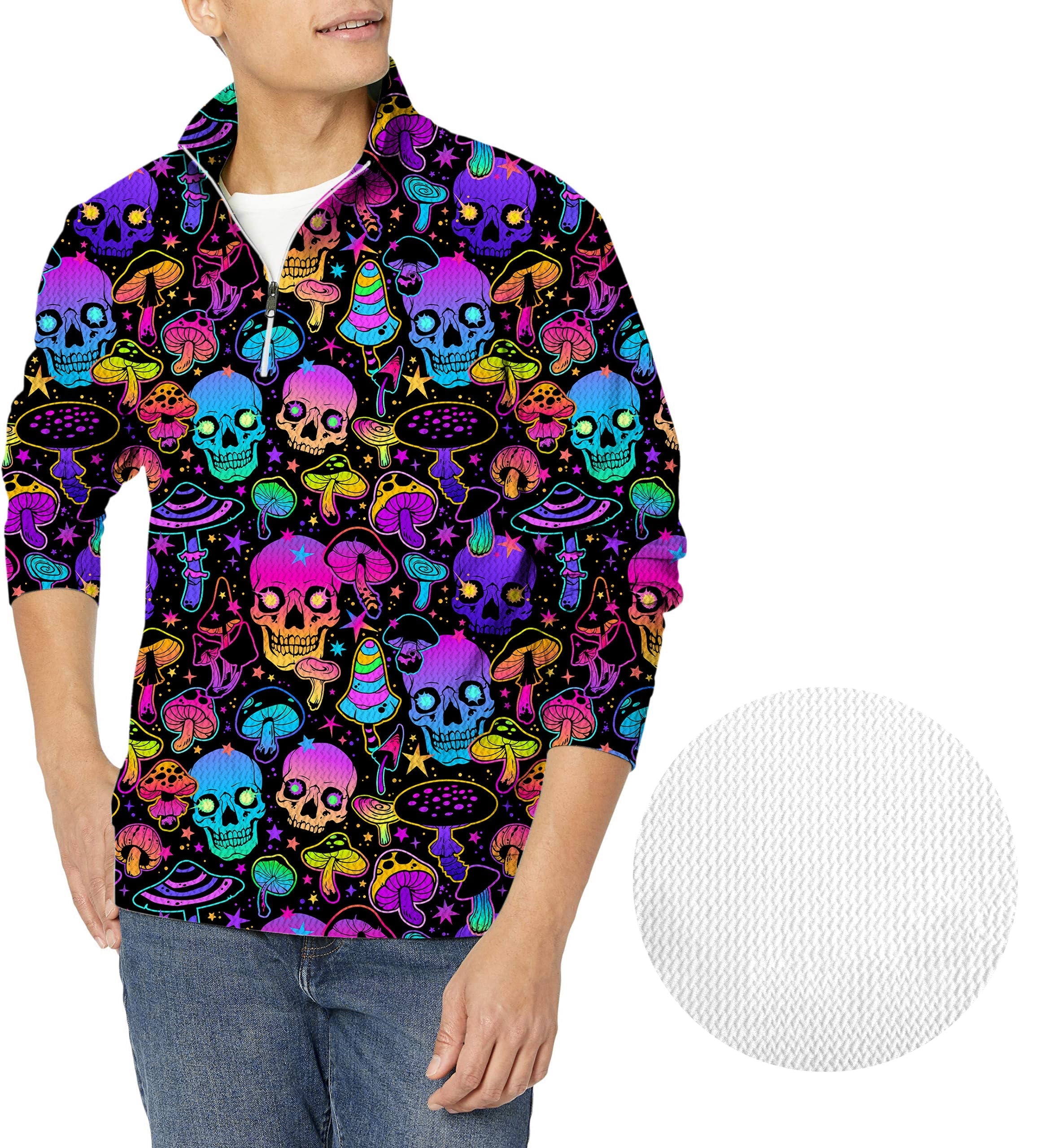 neon skull Men's Golf waffle zipper pullover with colorful skull and mushroom pattern