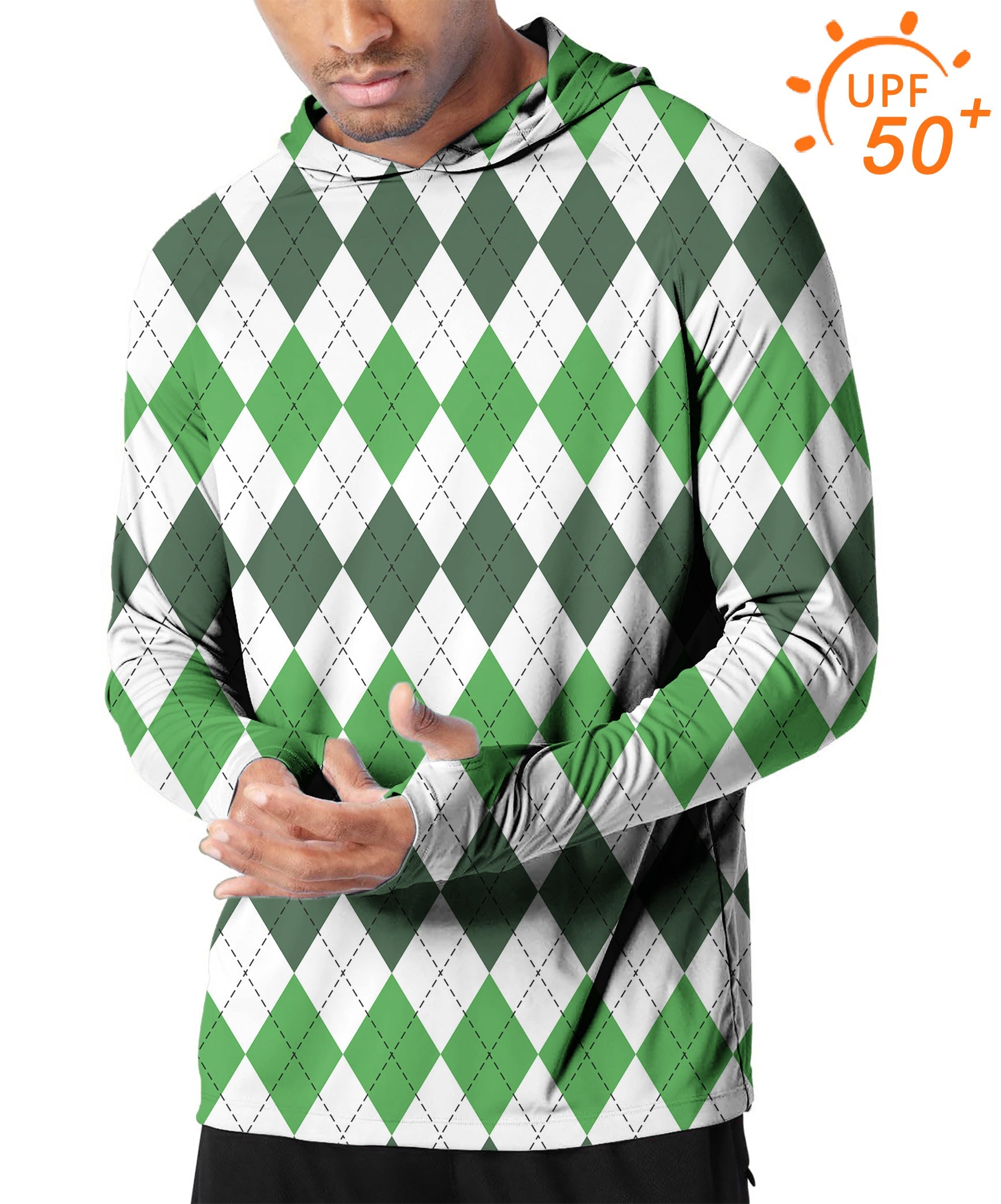 Men's Outdoor St. Patricks Day argyle plaid slim fit golf hoodie with UPF 50+ sun protection