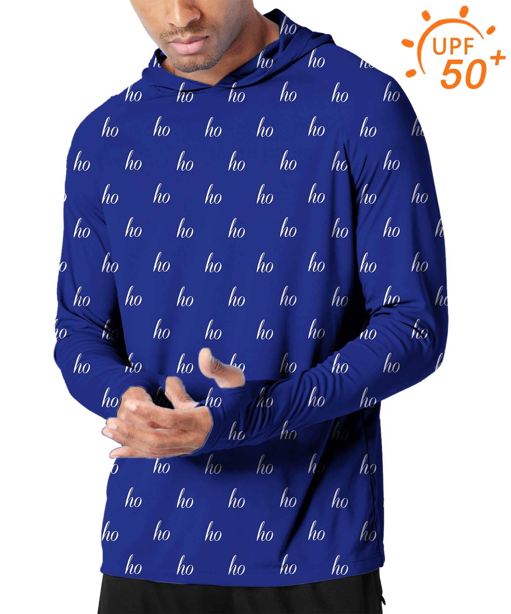 Men's outdoor blue slim fit hooded sun protection shirt with UPF 50+ and custom name design