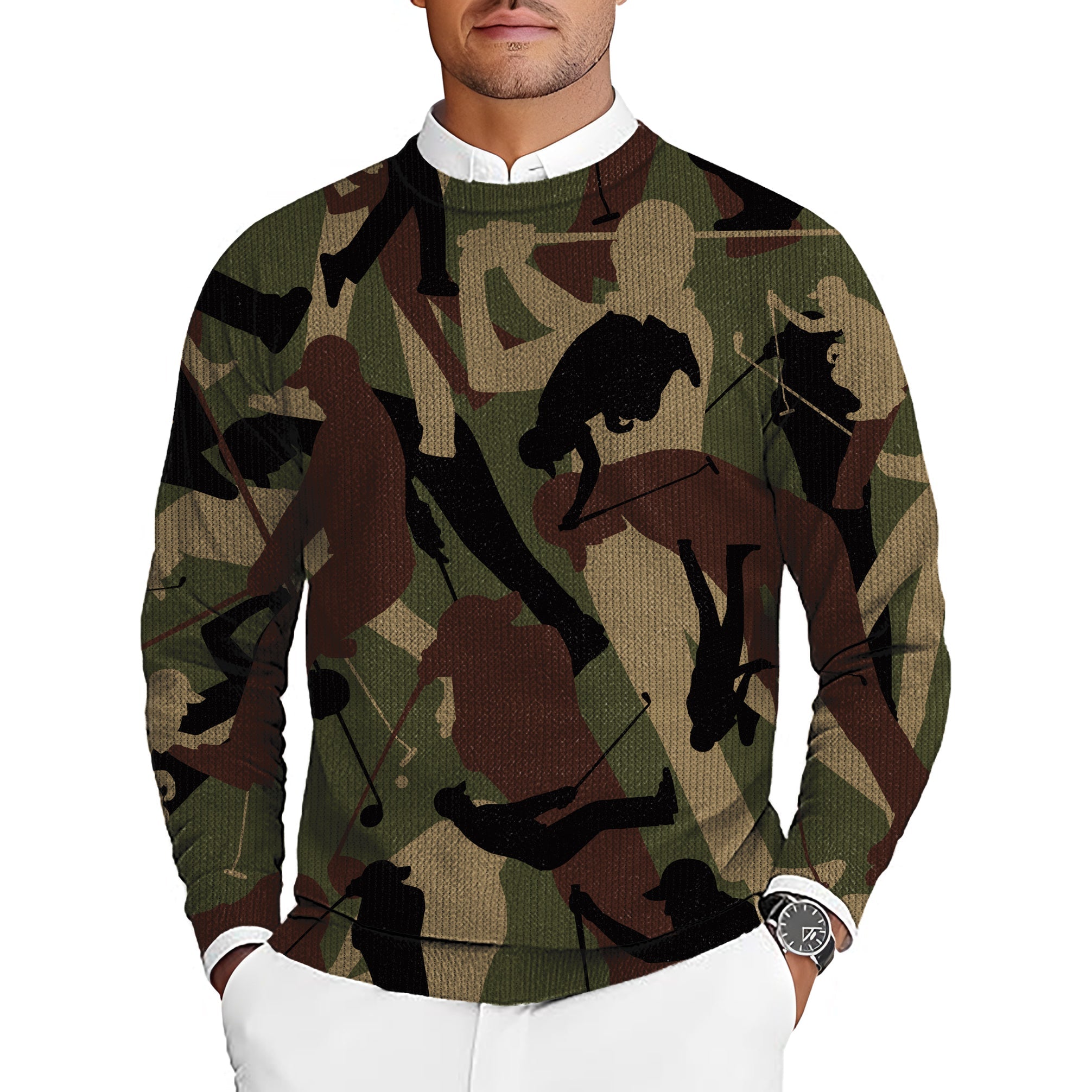 Army green golf men's crewneck pullover sweater with camouflage and golf-themed design
