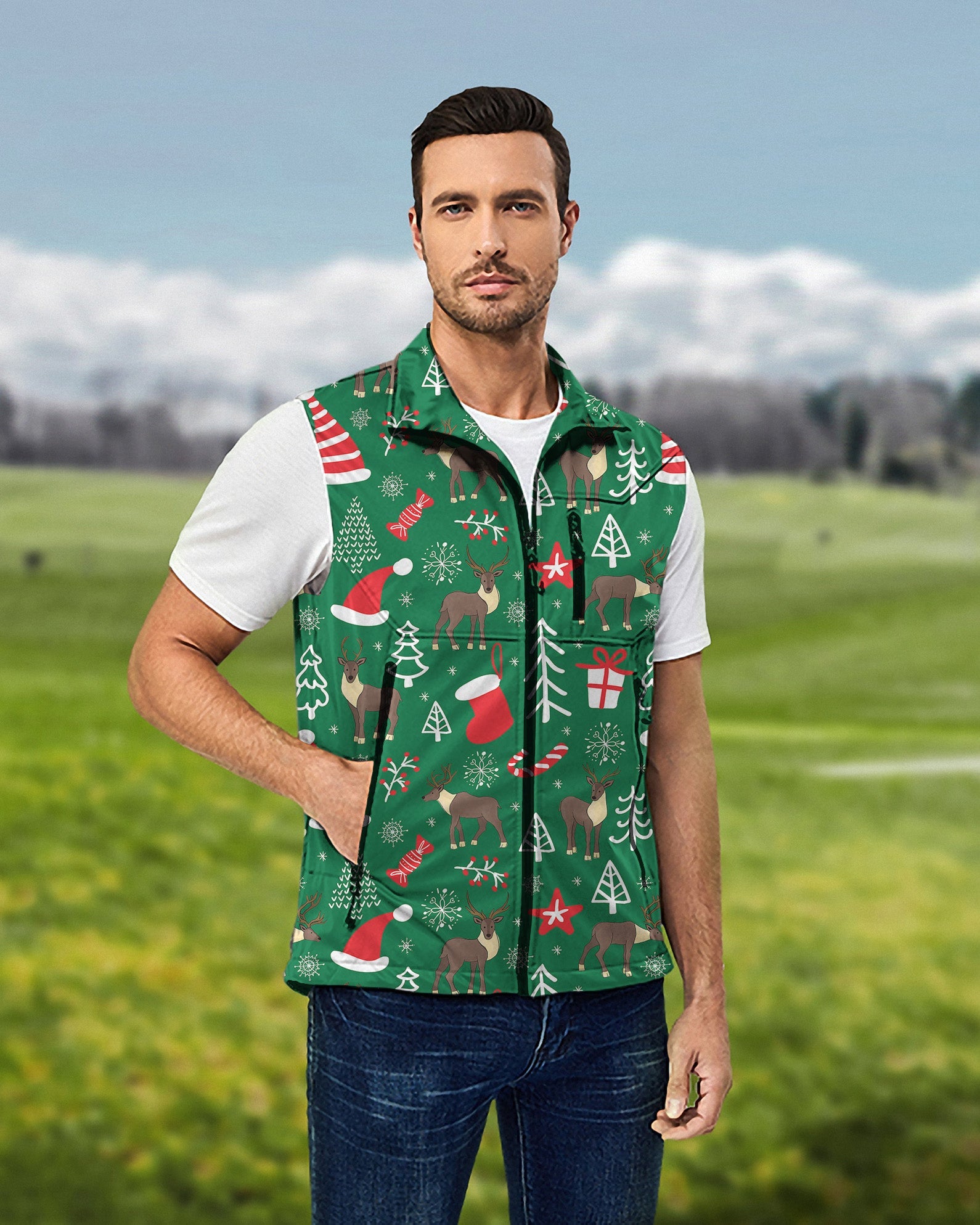 Men's Elk deer Christmas lightweight softshell vest sleeveless jacket with festive prints for golf and outdoor activities