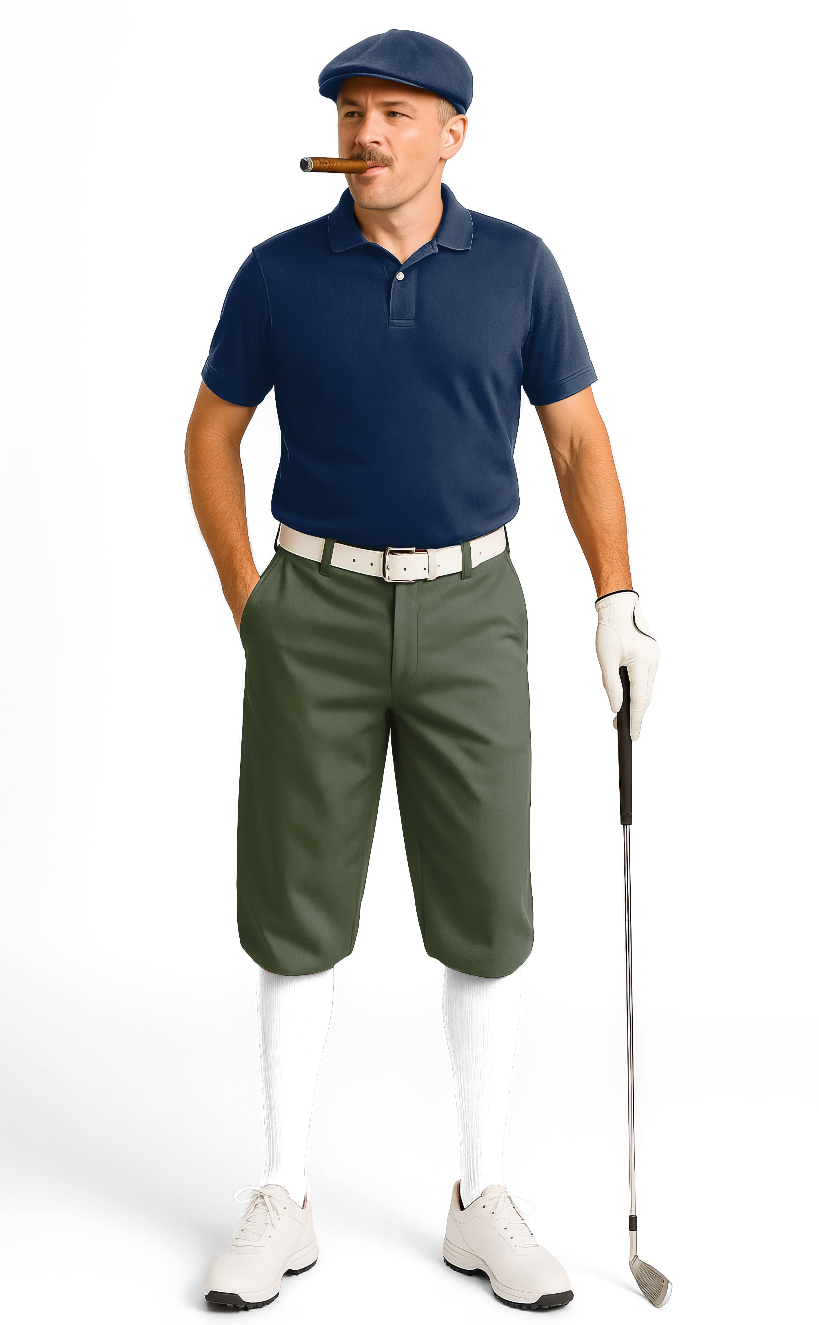 Man wearing olive men's golf knickers with navy polo, white socks, and golf glove holding a golf club
