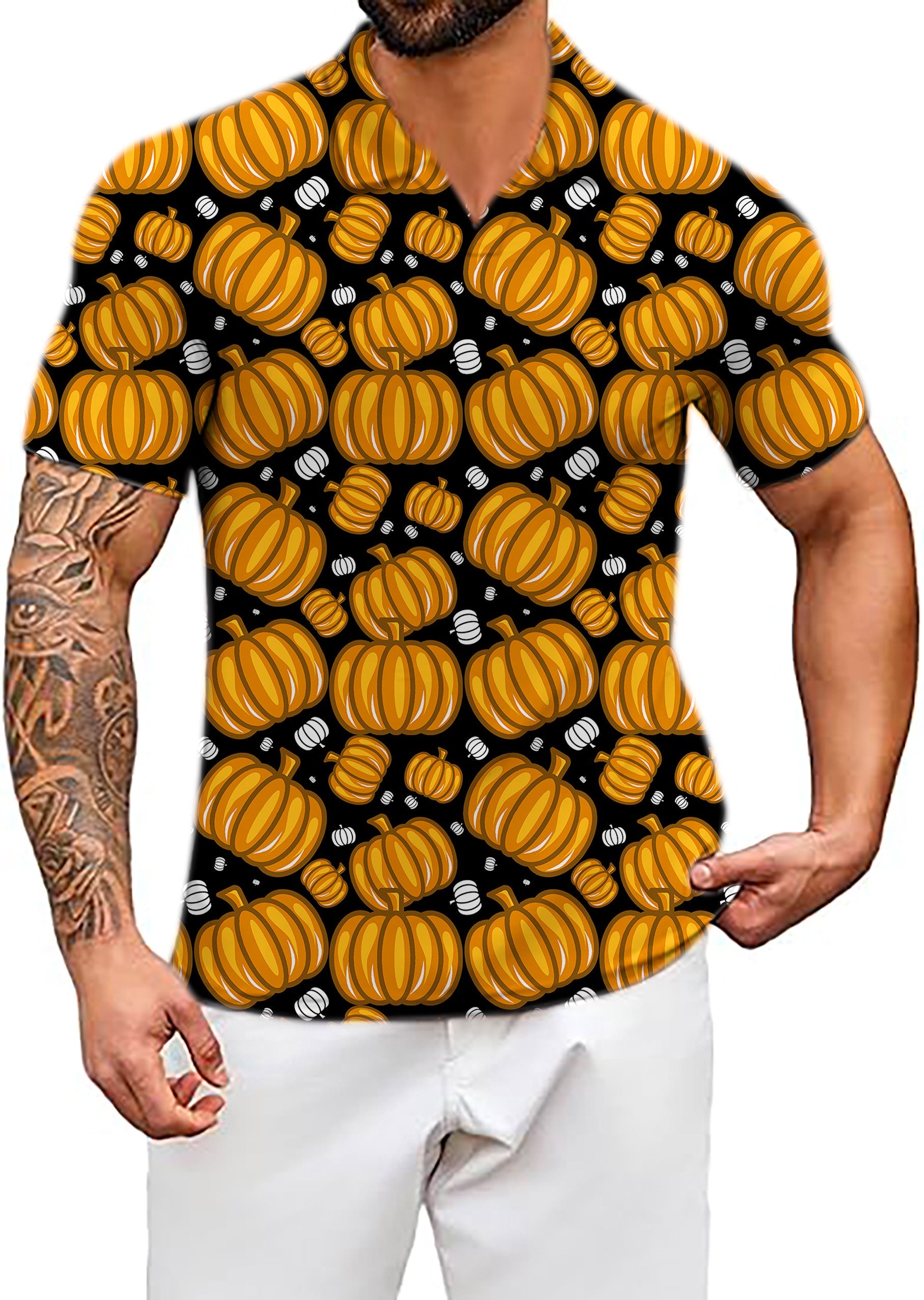 Men's Coconut Palm Halloween pumpkin print V neck golf polo shirt with four-way stretch and moisture-wicking fabric