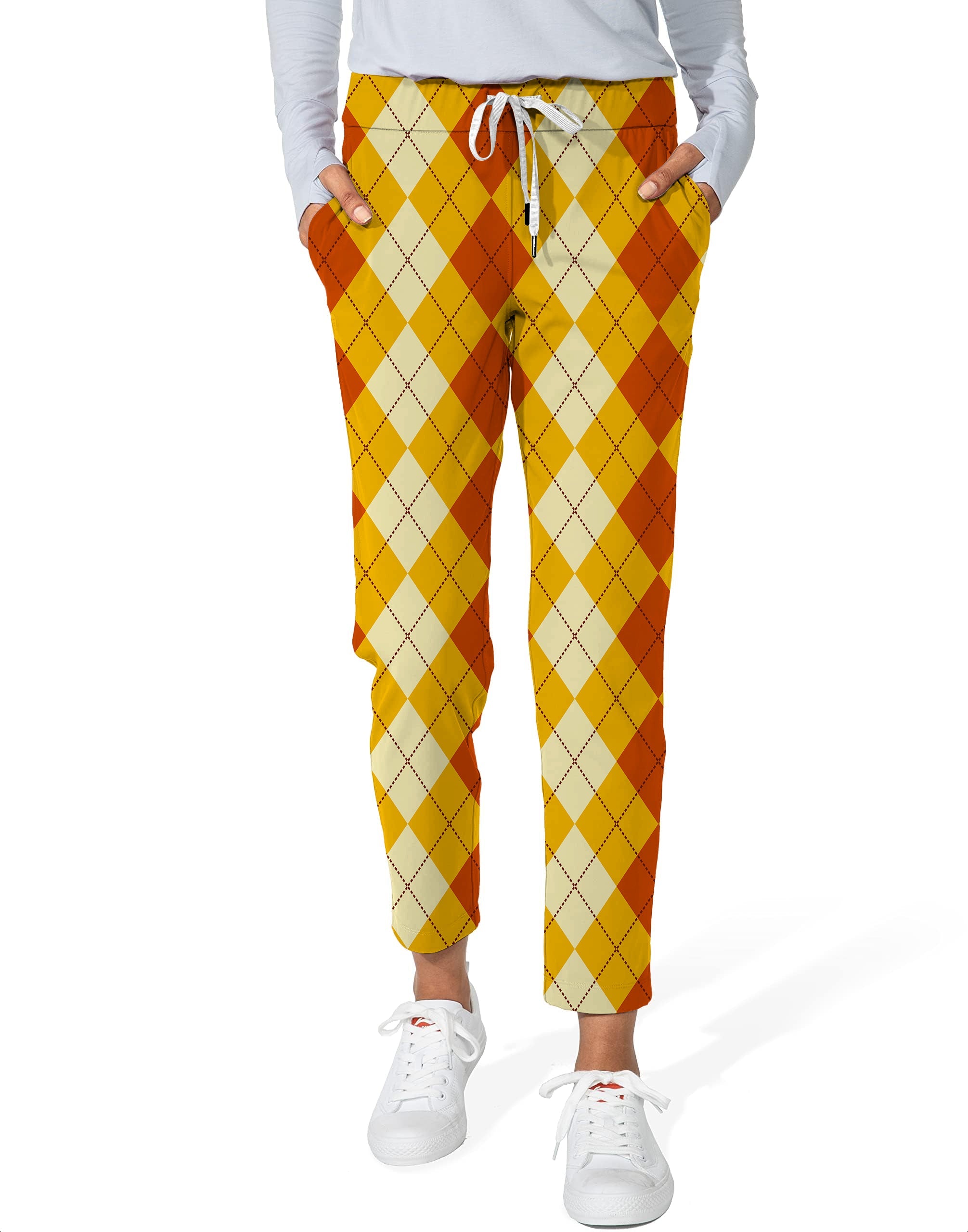 Women's 7/8 stretch ankle golf pants in Halloween light yellow and red argyle pattern