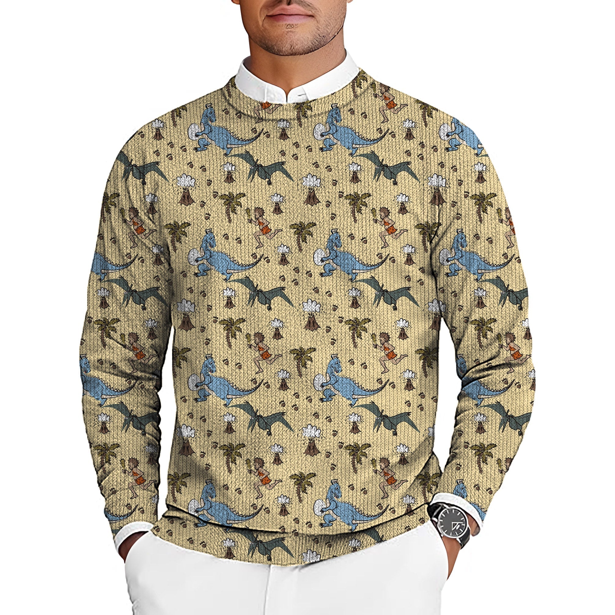 Men's wild man dinosaur volcano golf crewneck pullover sweater with custom team design
