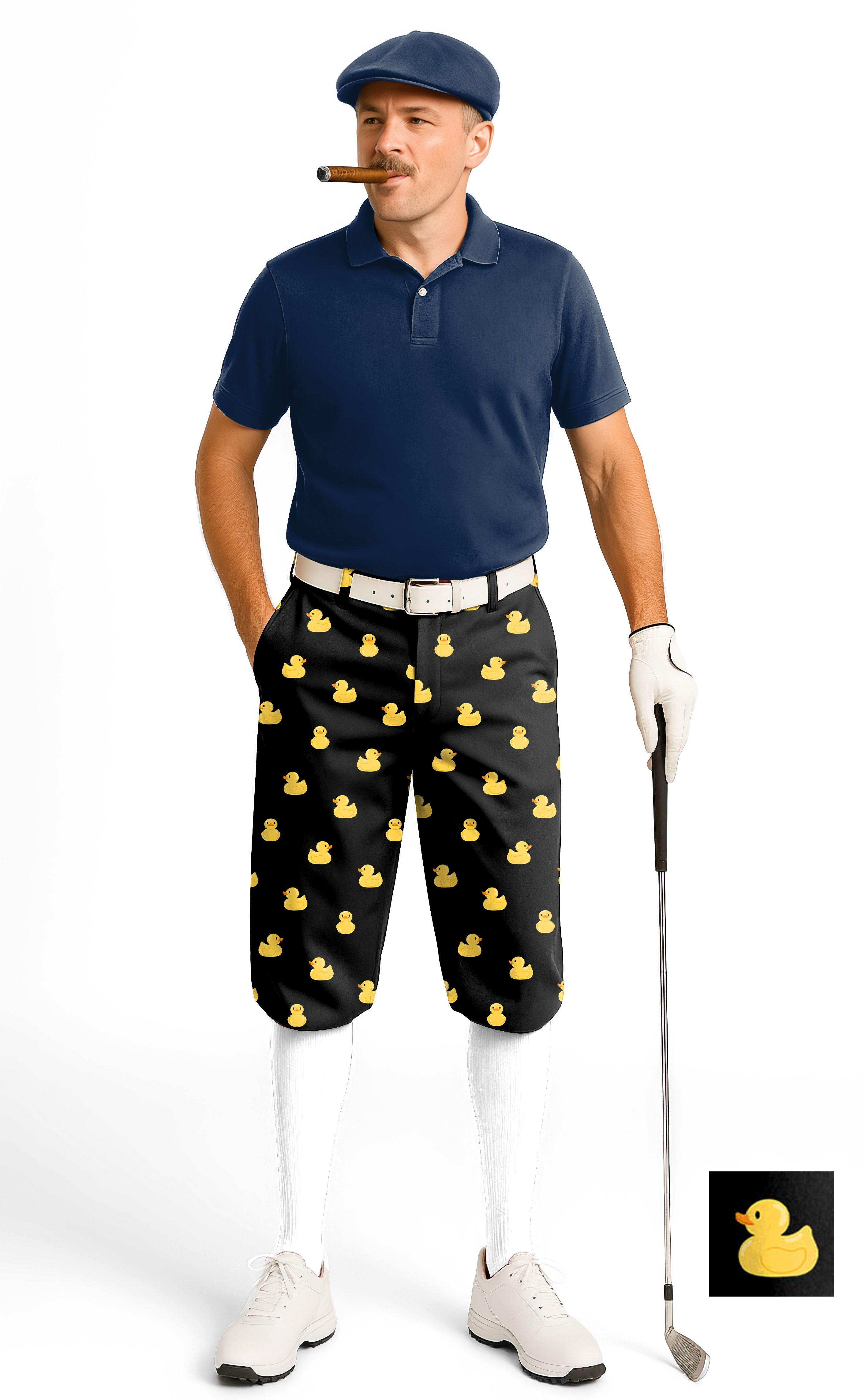 Men's golf knickers with yellow rubber duck print, breathable and wrinkle-resistant fabric.