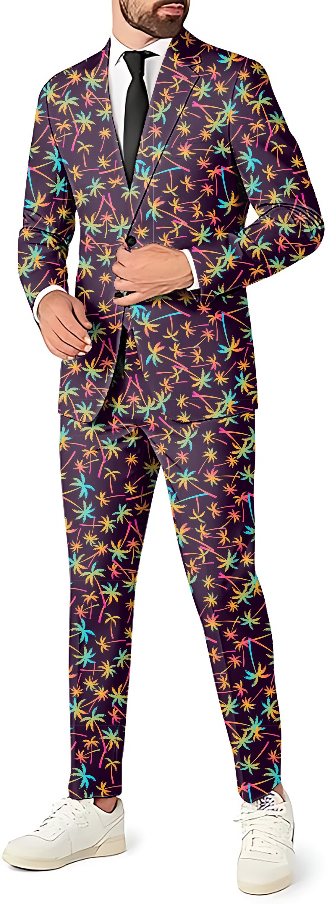 Gradient Palms men's party costume suit with blazer, pants, and vest featuring colorful palm tree print