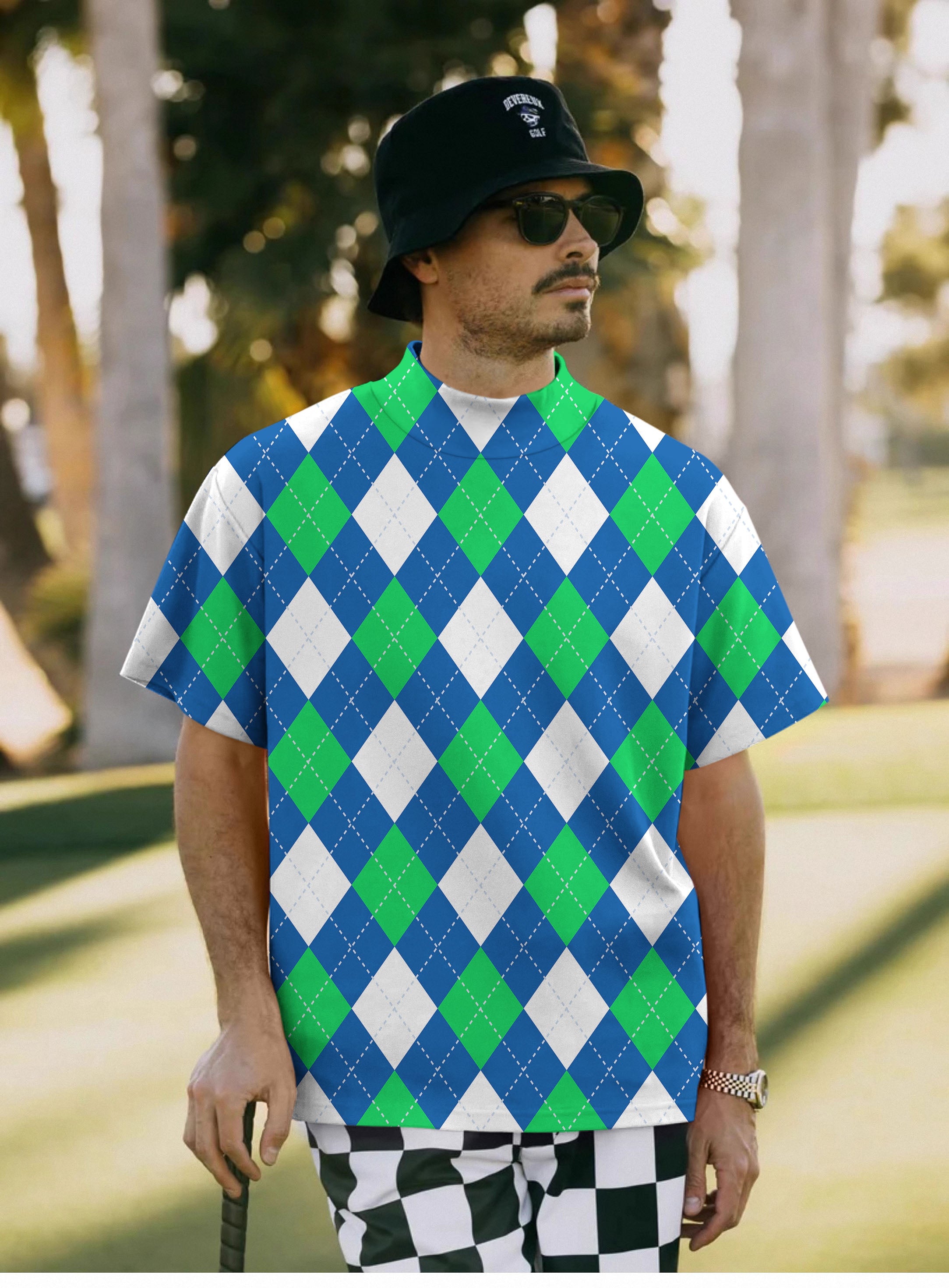 Men's Argyle green blue Pullover High neck Long/Short sleeve T-Shirt