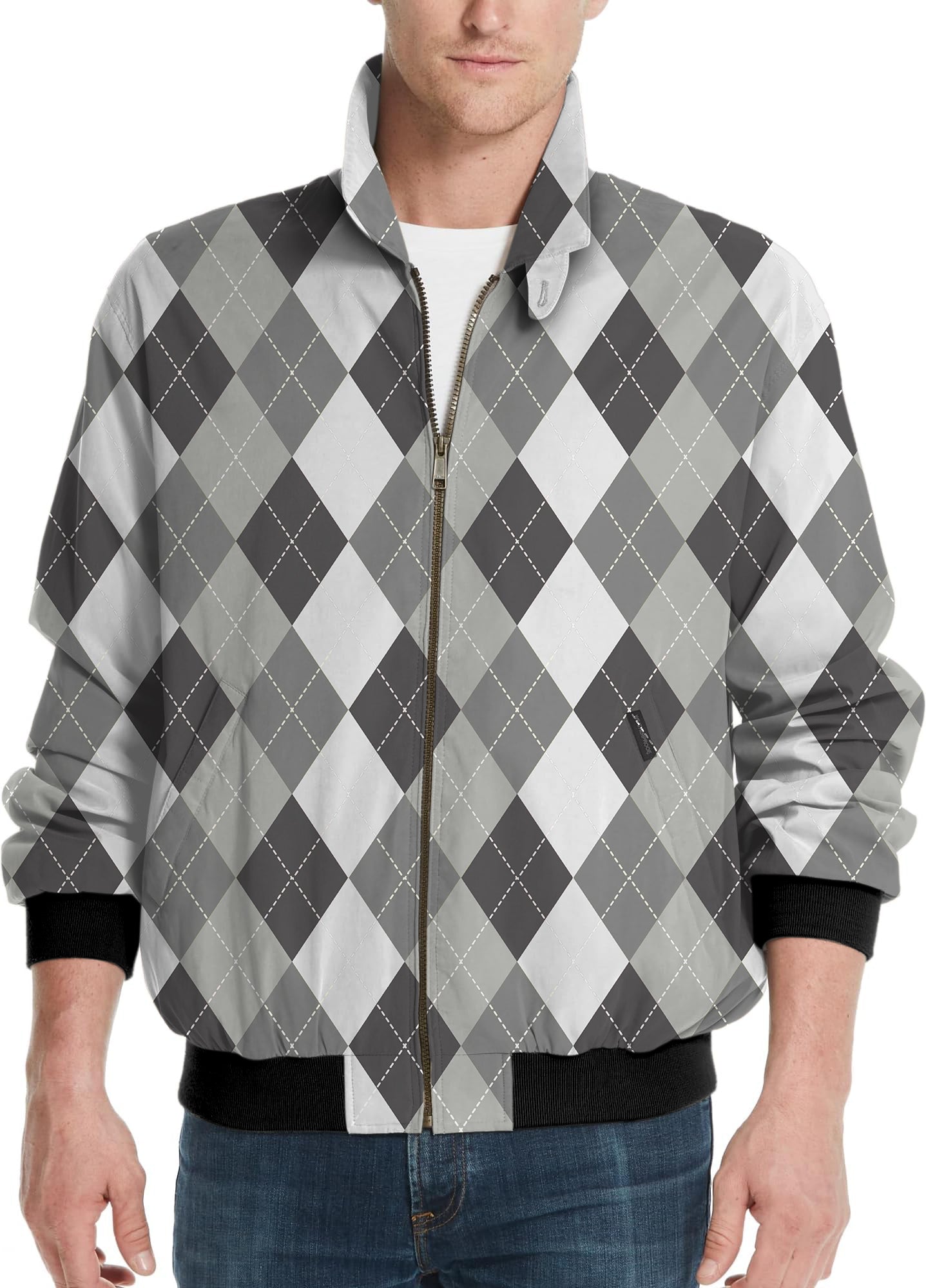 grey argyle men's golf windbreaker light jacket with zip front and black cuffs