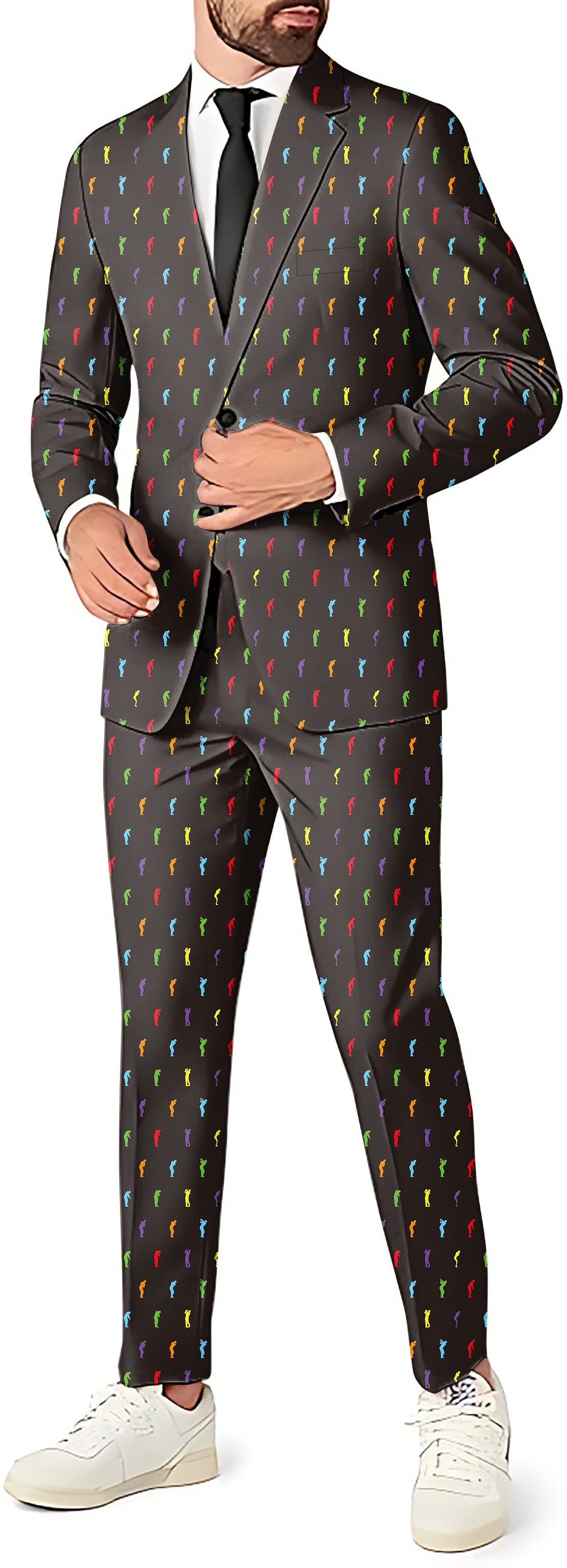 Men's golf swing themed party suit set with blazer, pants, and vest in slim fit design