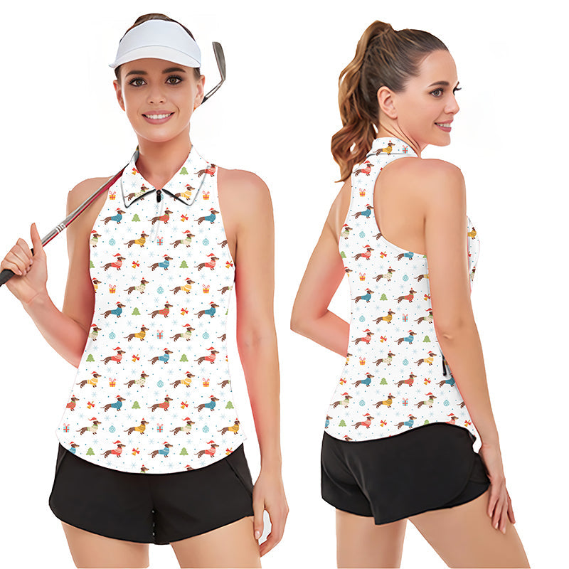 Women’s sleeveless golf tank top with colorful Christmas Dachshund print, breathable moisture-wicking fabric, and UPF50+ sun protection