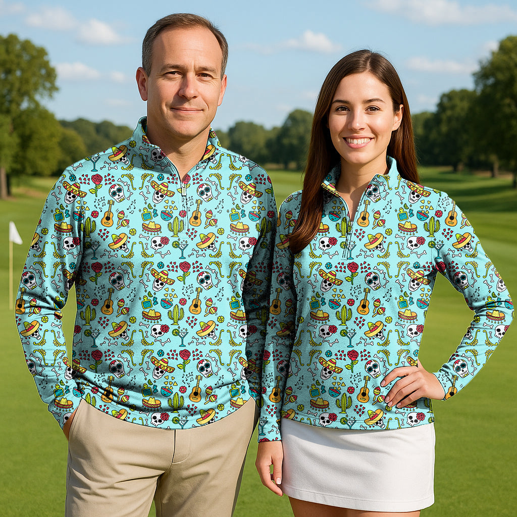 Fiesta Party Couple Golf active 3/4 zip tops with colorful skull and guitar pattern, lightweight long sleeve golf shirts with UPF50+ sun protection.