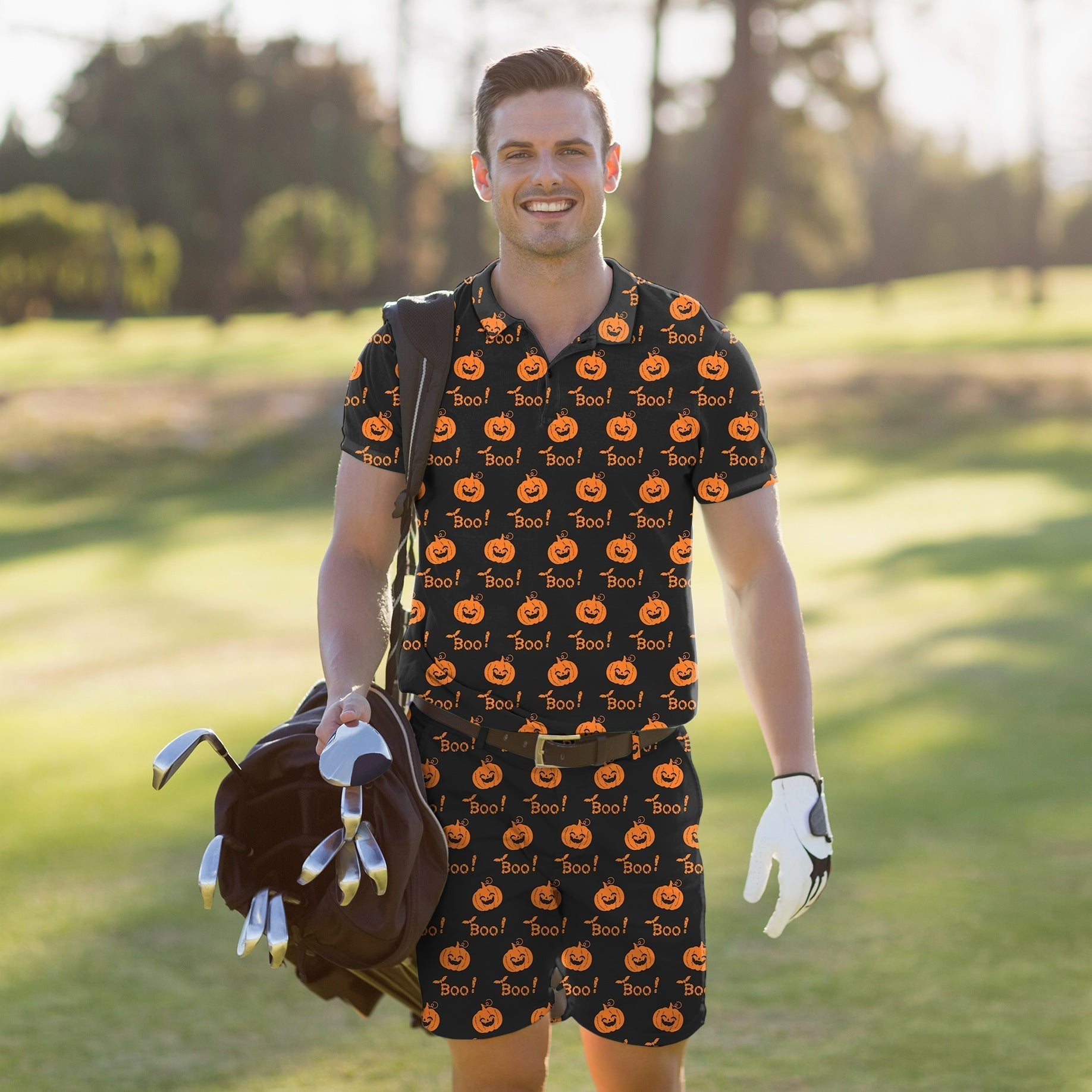 Men's golf set polo and shorts with Halloween pumpkin and Boo design, lightweight, stretchy, moisture-wicking, and UV protection