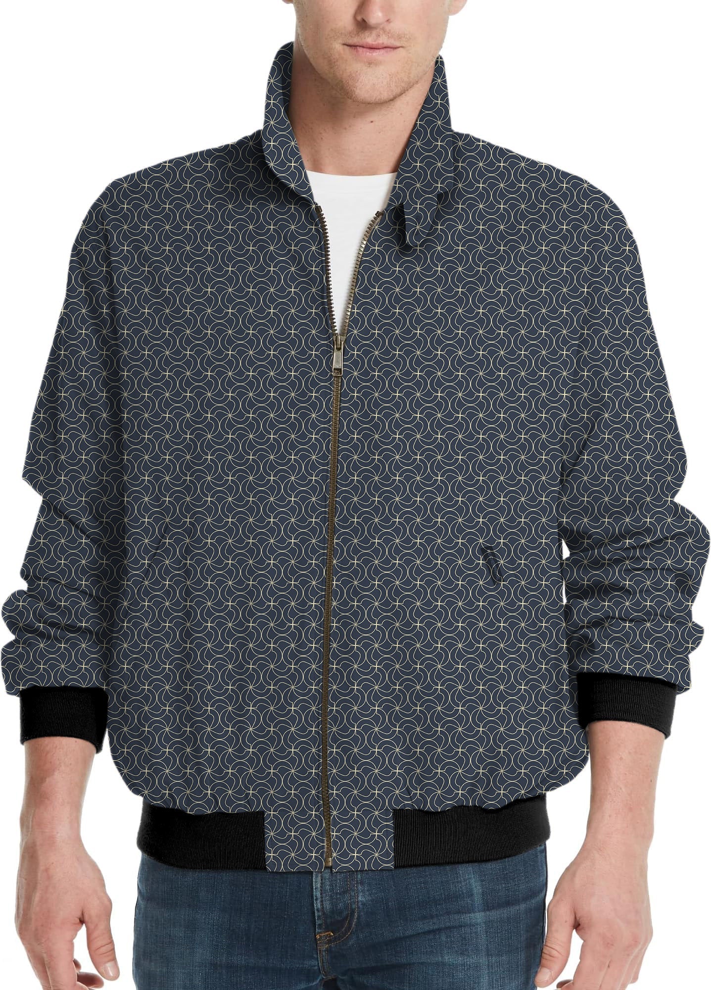 men's navy blue floral golf windbreaker light jacket with zipper and black cuffs