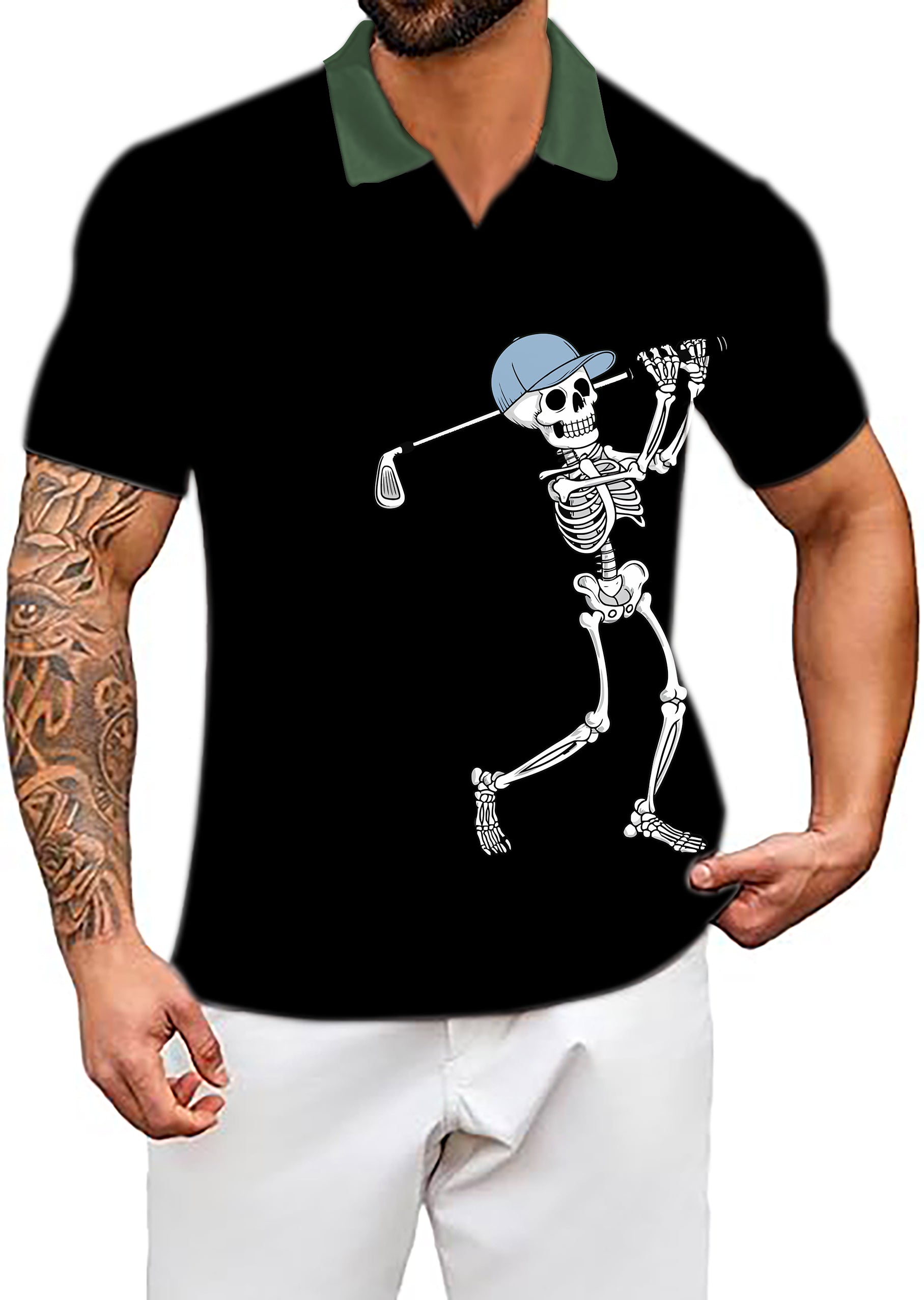Men's Coconut Palm black polo shirt with Halloween skeleton golf design and green collar