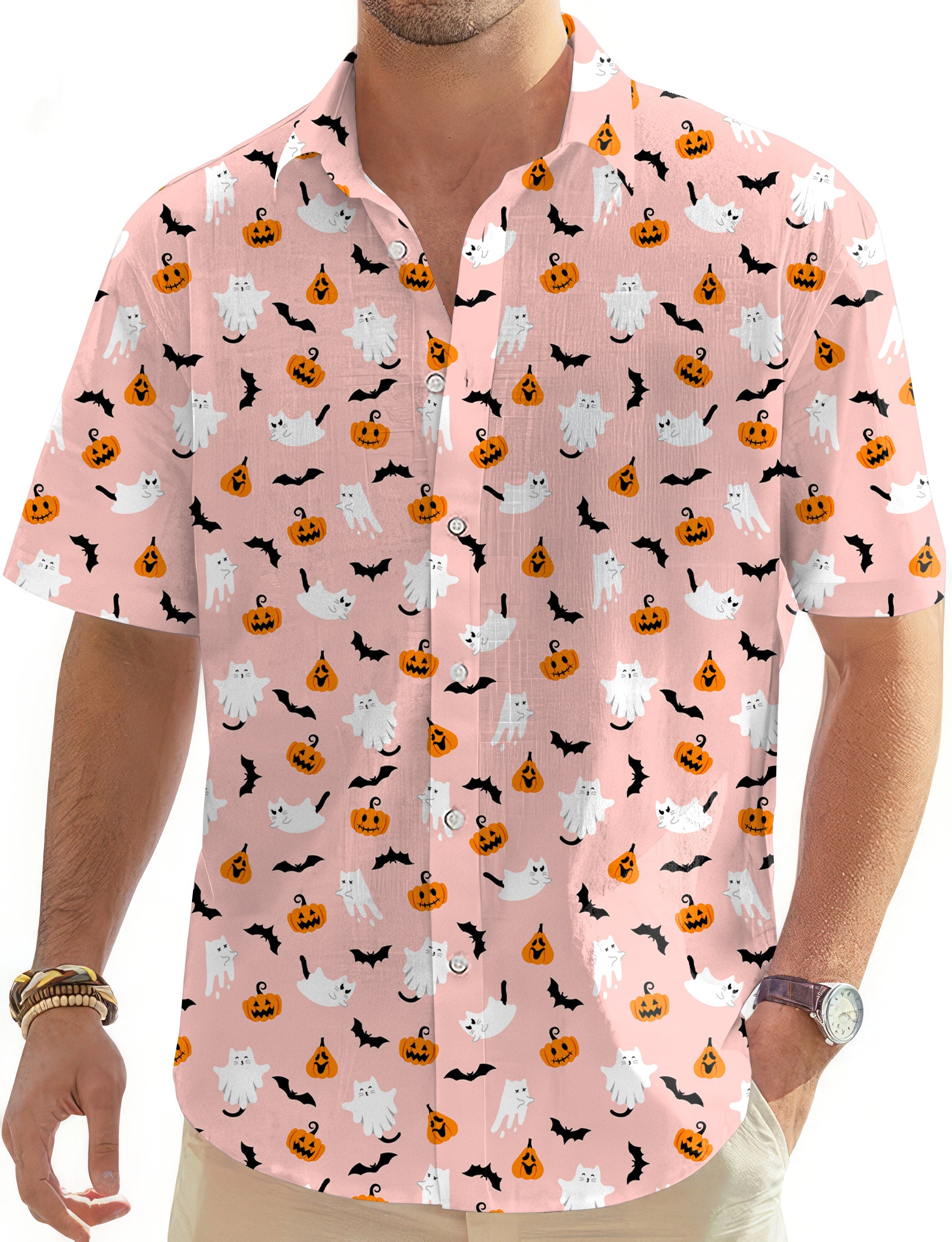 Halloween Kawaii Ghost Pumpkin men's button-down Hawaiian golf shirt in pink with ghost, pumpkin, and bat prints