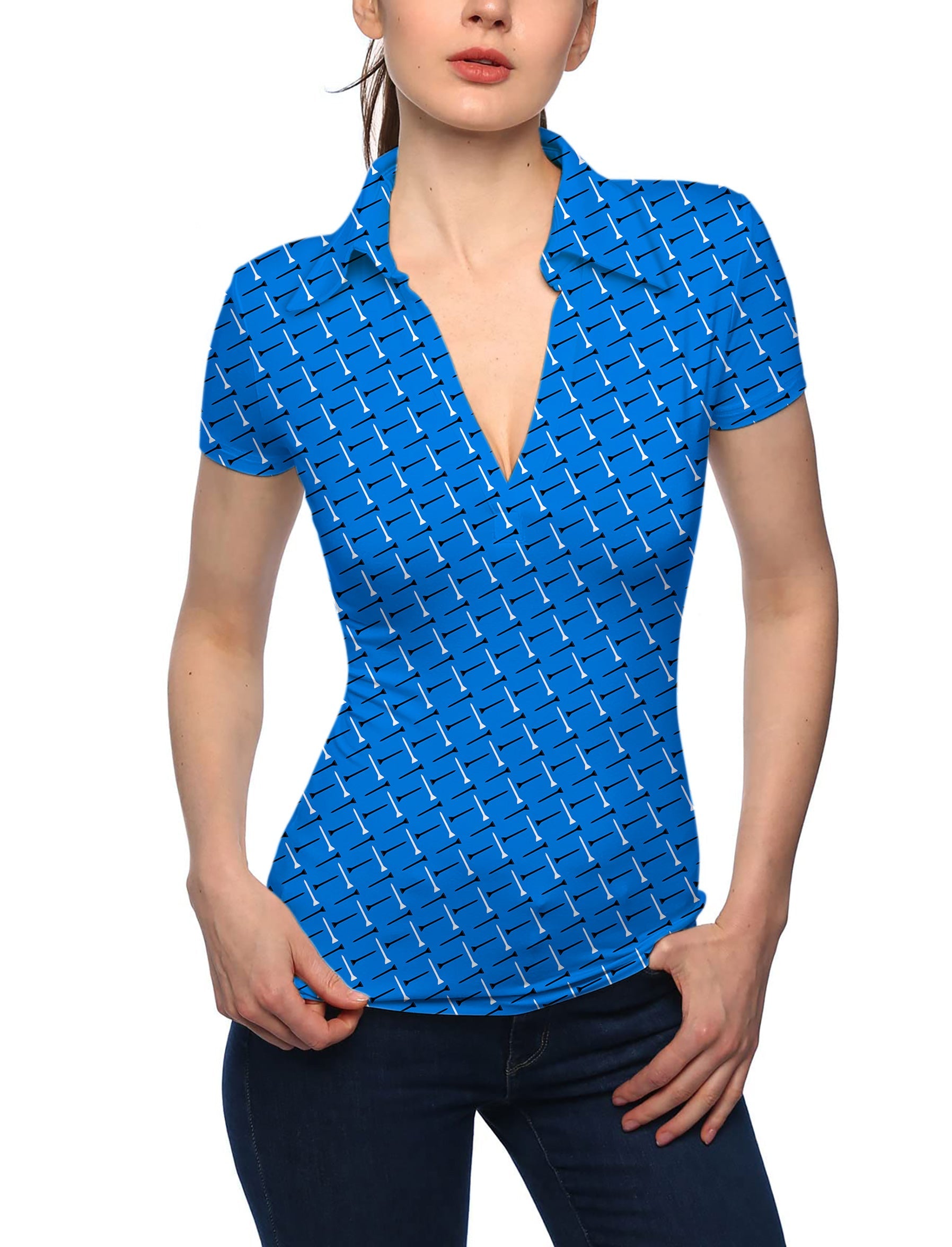Women's custom blue V-neck golf polo shirt with stand collar and short sleeves
