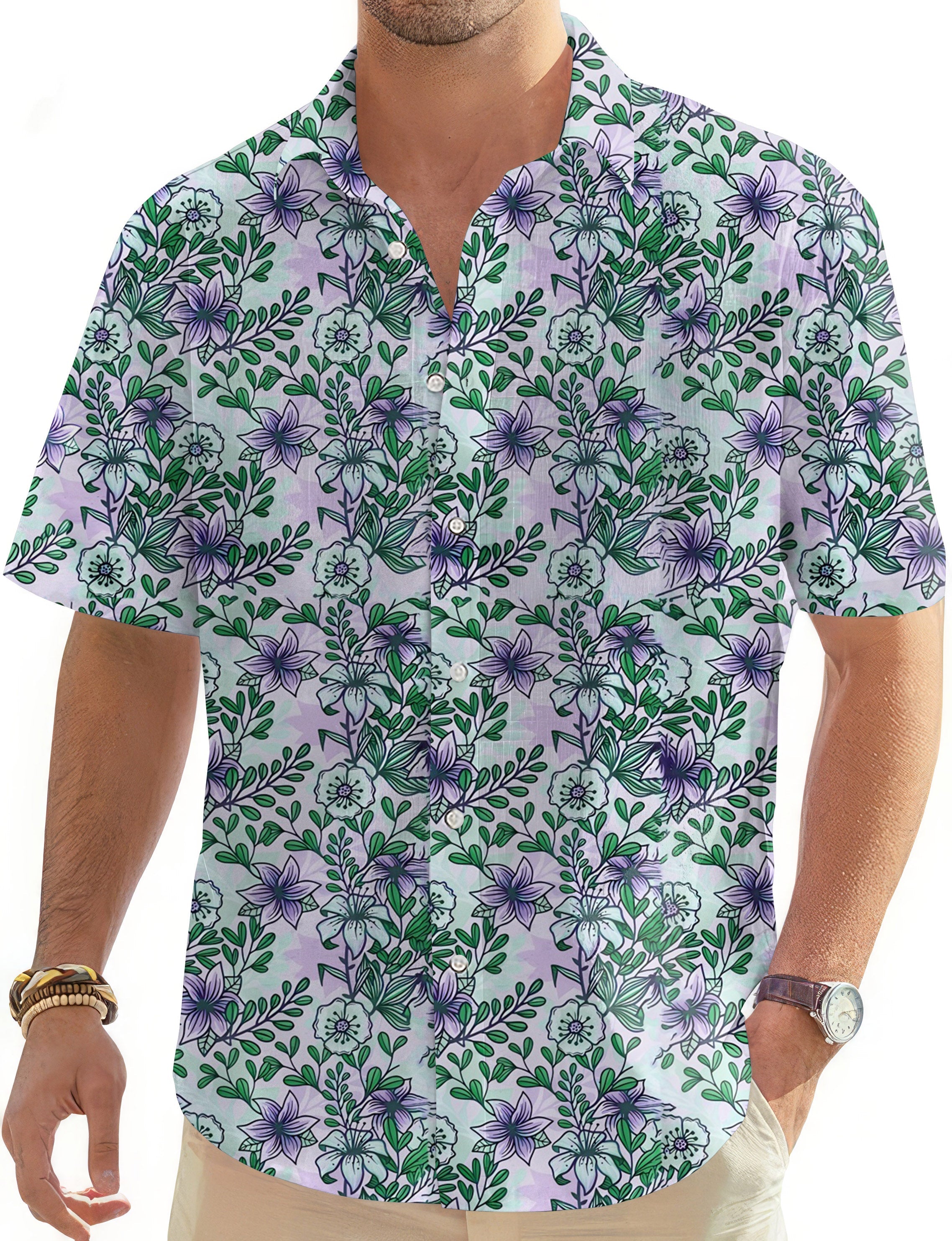 Men's button-down Hawaiian shirt with purple flower print and short sleeves