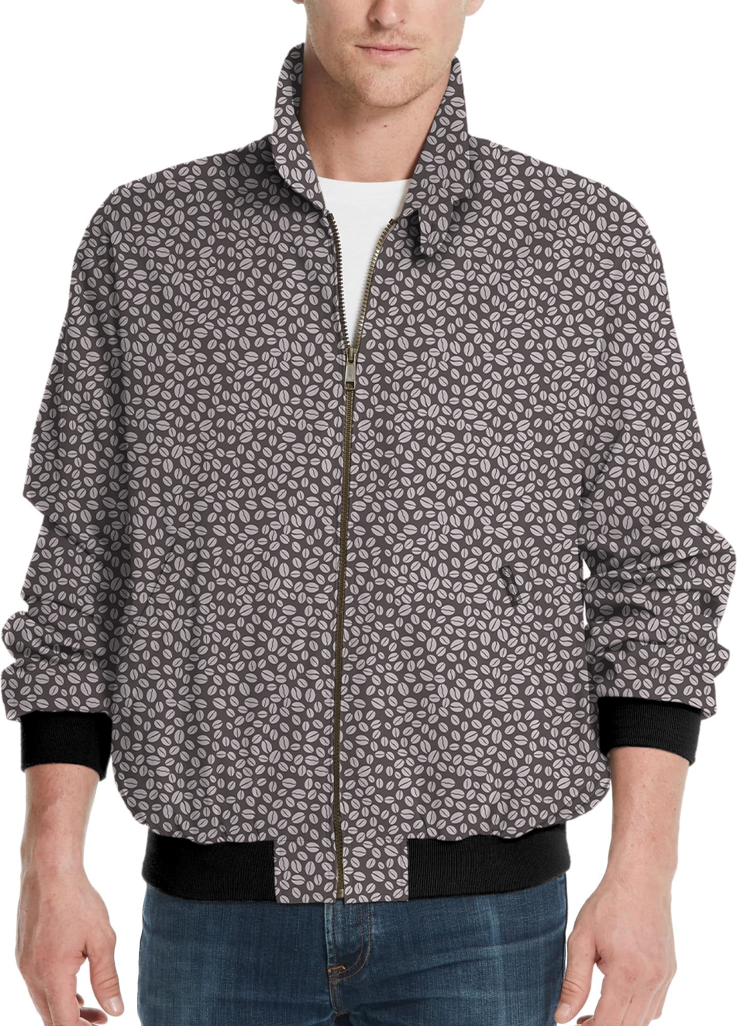 Men's golf windbreaker jacket with coffee beans pattern, customizable for team uniforms