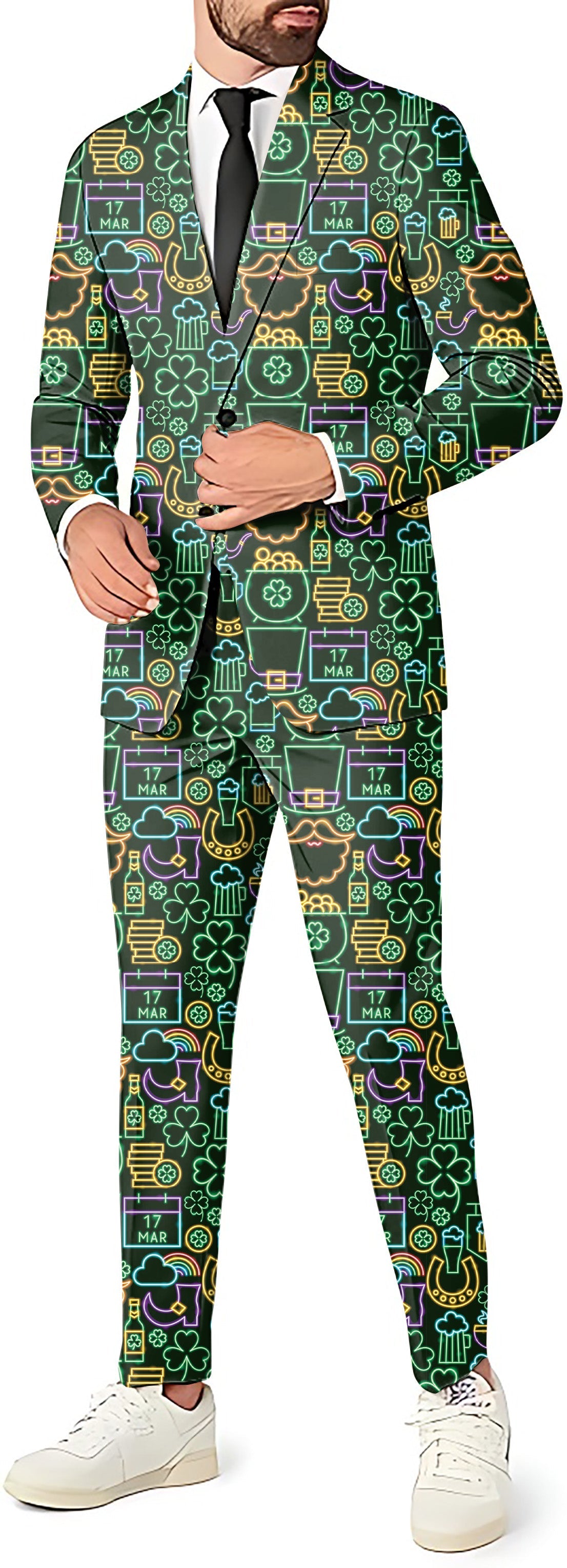 Neon Saint Pattys Party men's blazer pants vest suit set with festive themed patterns