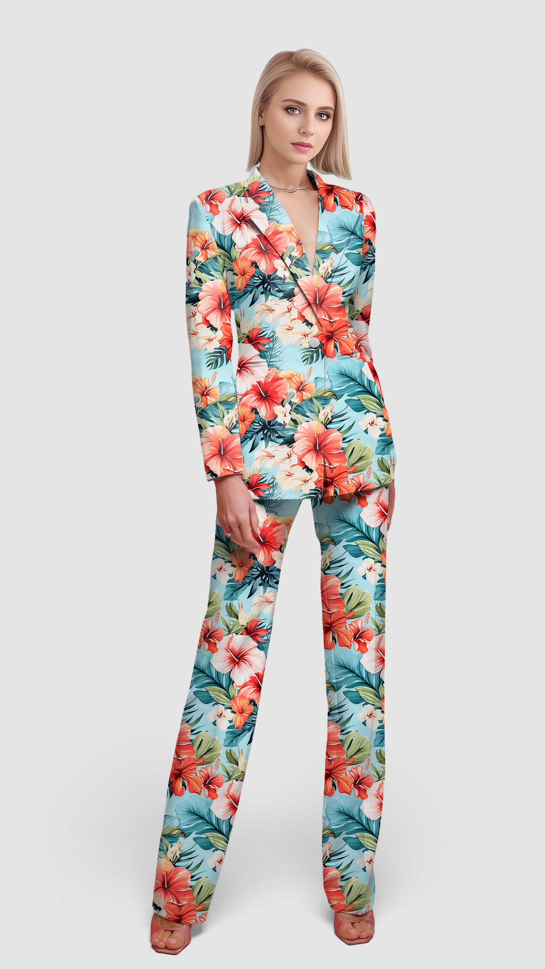 Hawaiian Flowers Polo-Women's Blazer Casual Work Office Blazer Suit set